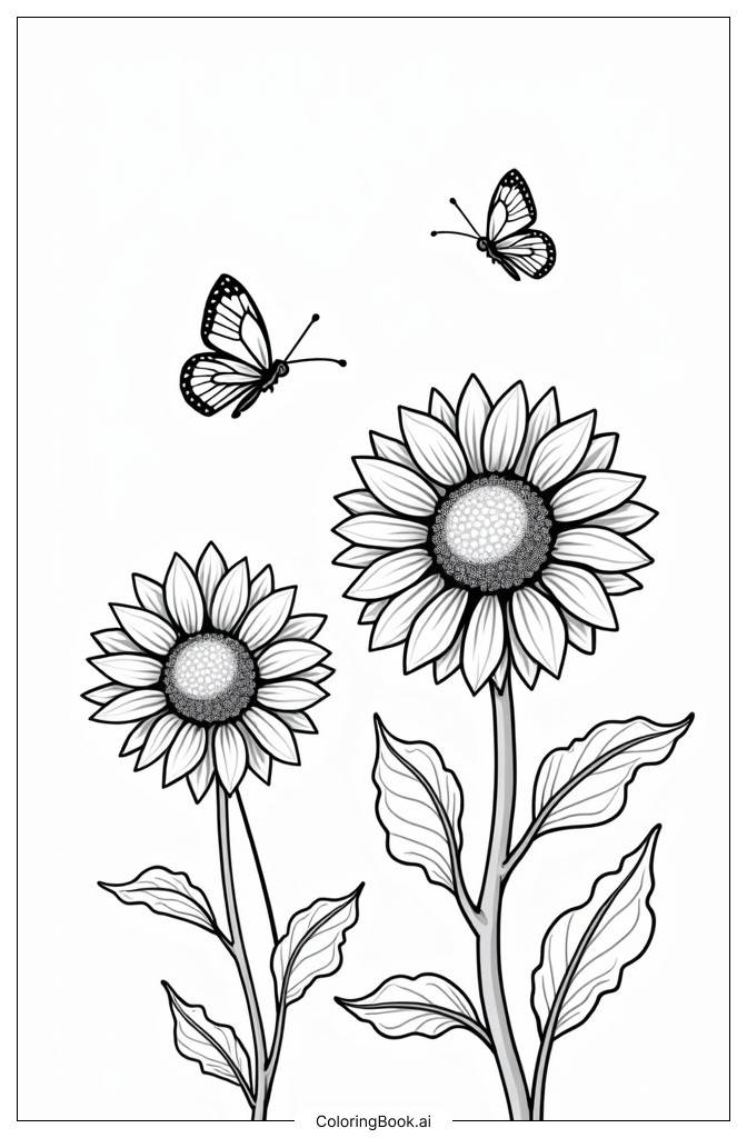  Página para colorear de Girasoles jugando con mariposas 