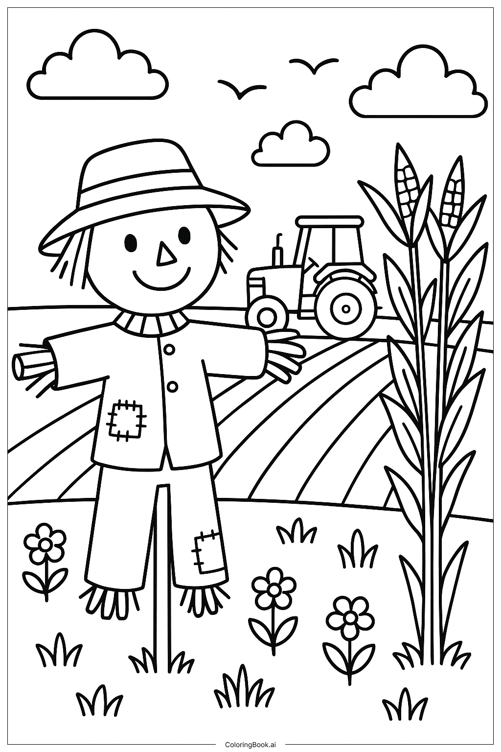  Page de coloriage Épouvantail Regardant Un Tracteur Dans Le Champ 