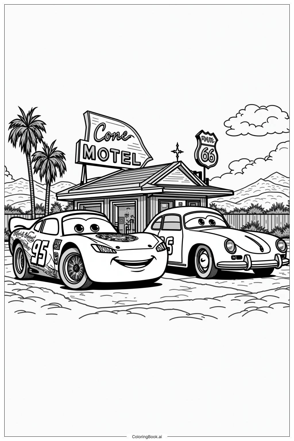  Page de coloriage Lightning McQueen avec Sally au Cozy Cone Motel 