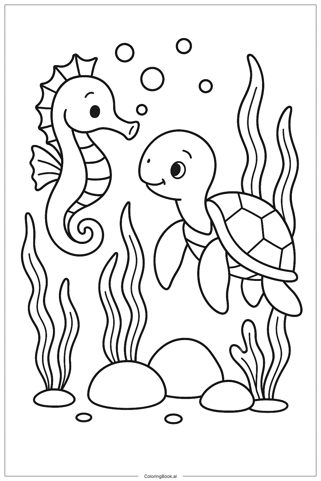 Página para colorear de Caballito de mar y una tortuga curiosa