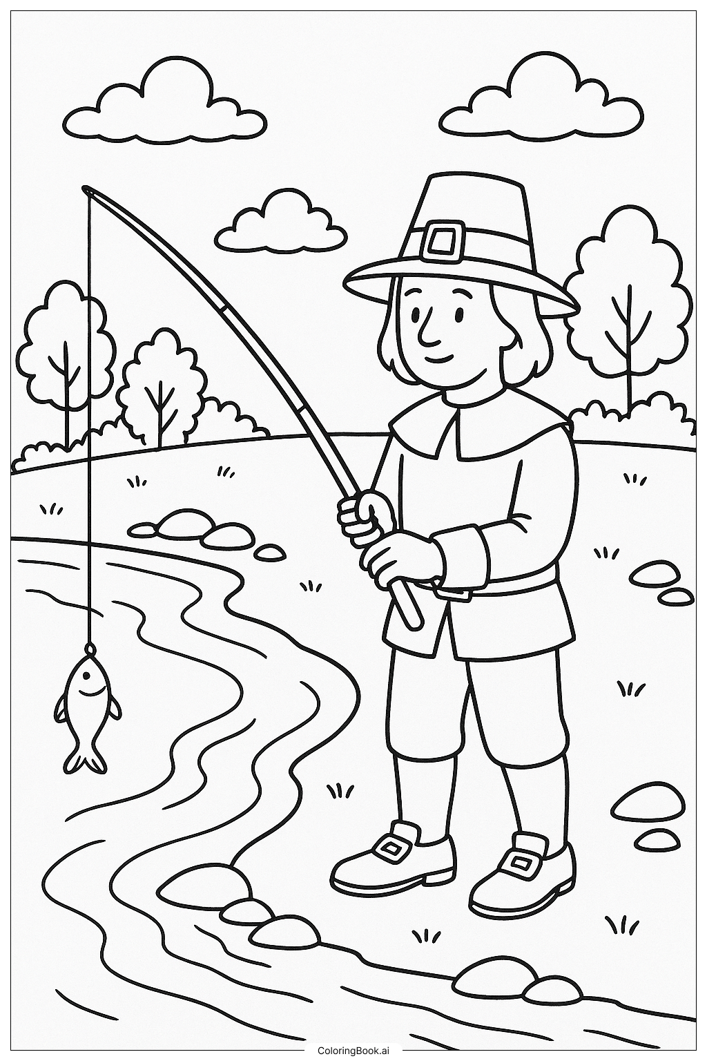  강가에서 낚시하는 순례자 색칠공부 페이지 
