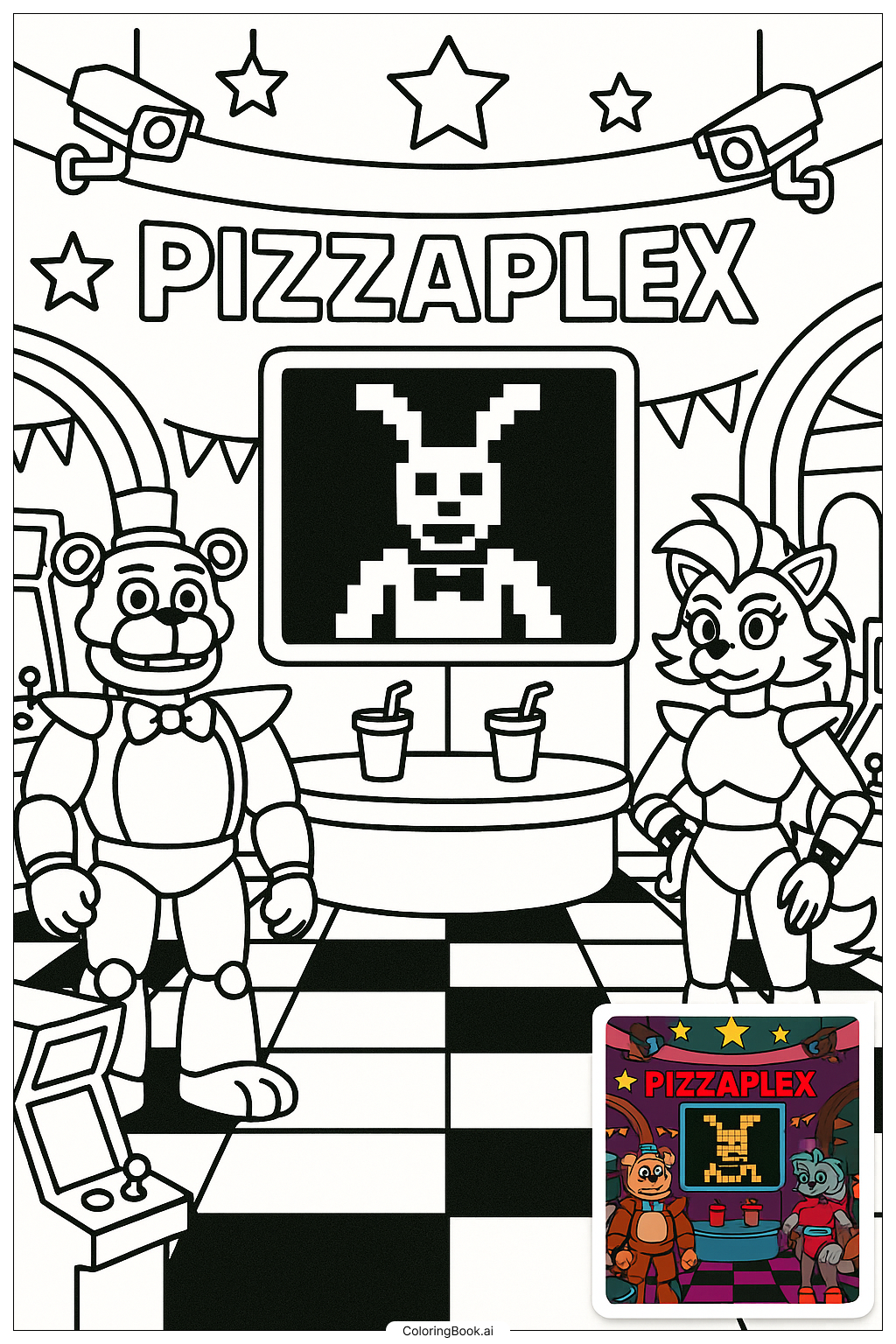 FNAF 보안 위반 로비 장면 색칠공부 페이지 