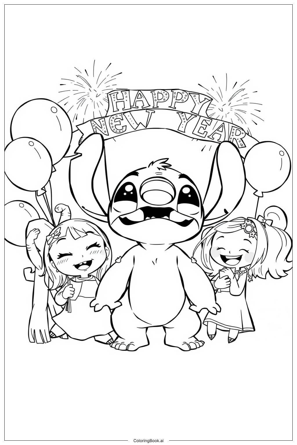  Página para colorear de Stitch compartiendo alegría con amigos en el año nuevo 2025 