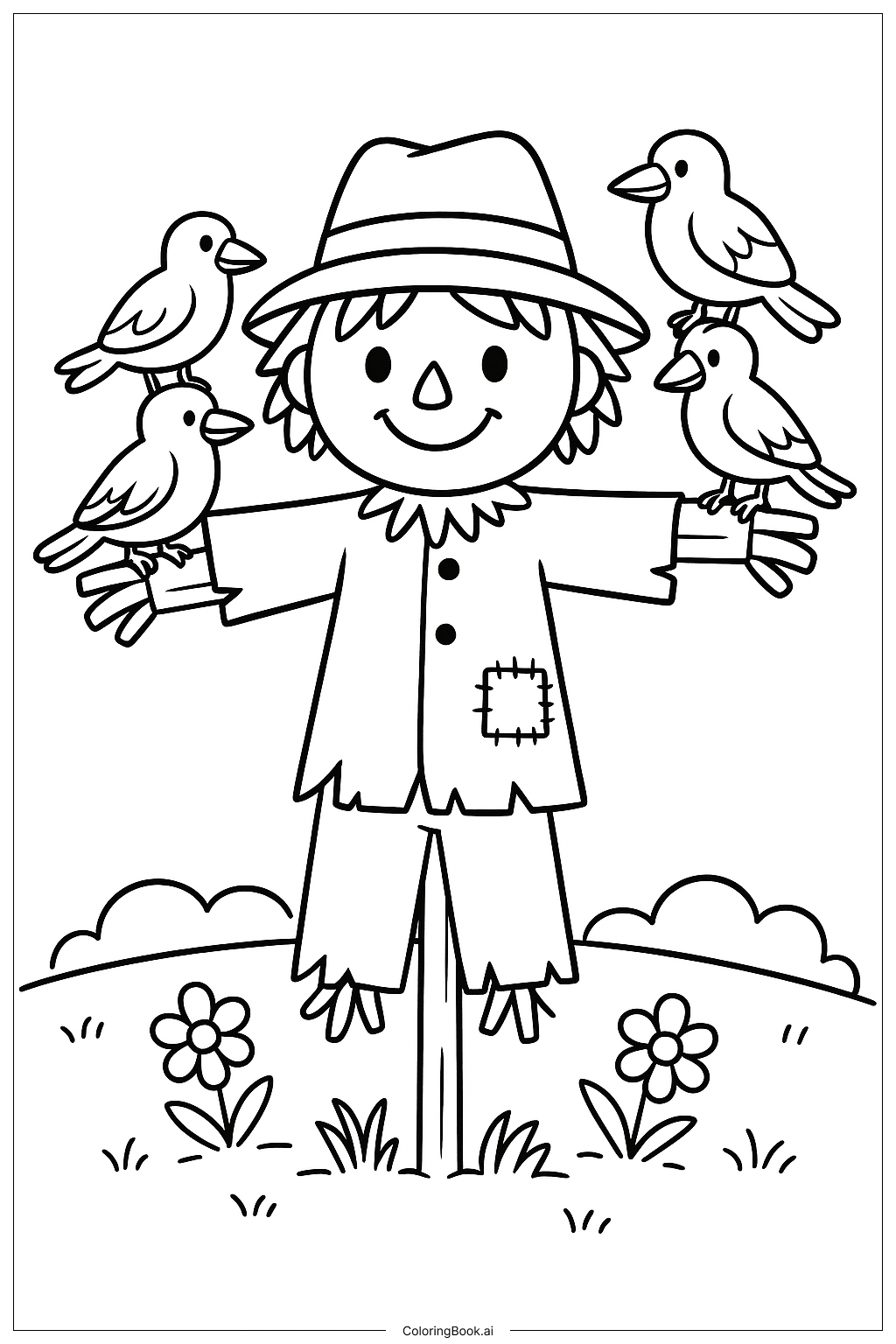 Scarecrow And A Family Of Crows Coloring Page