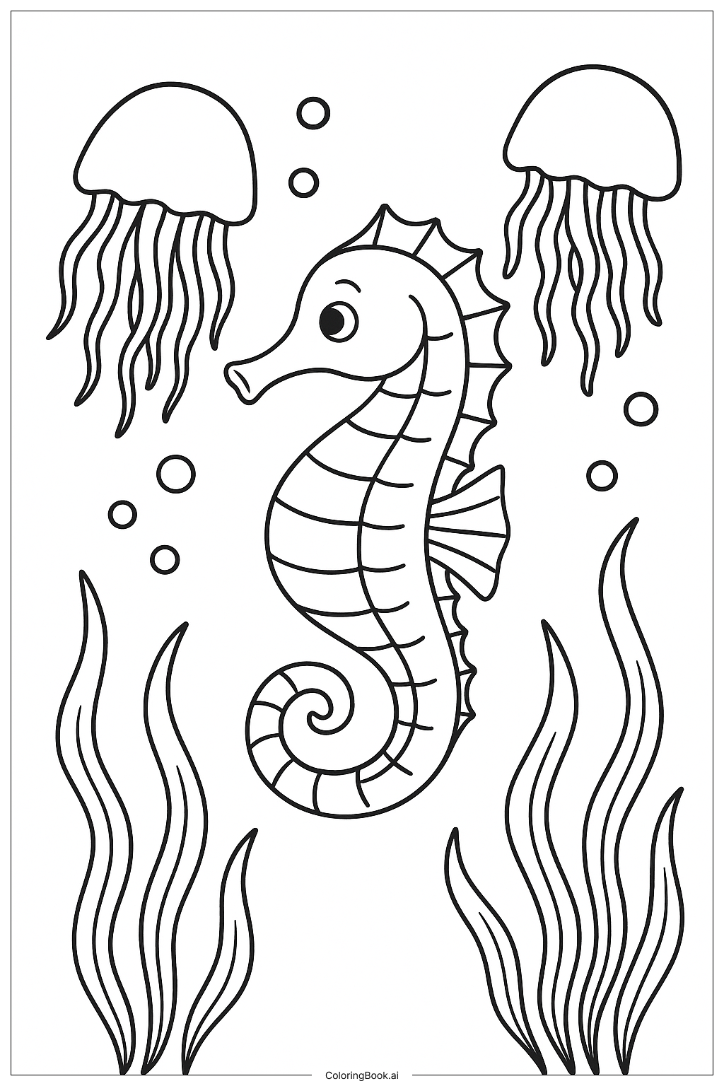 Página para colorear de Caballito de mar nadando con medusas