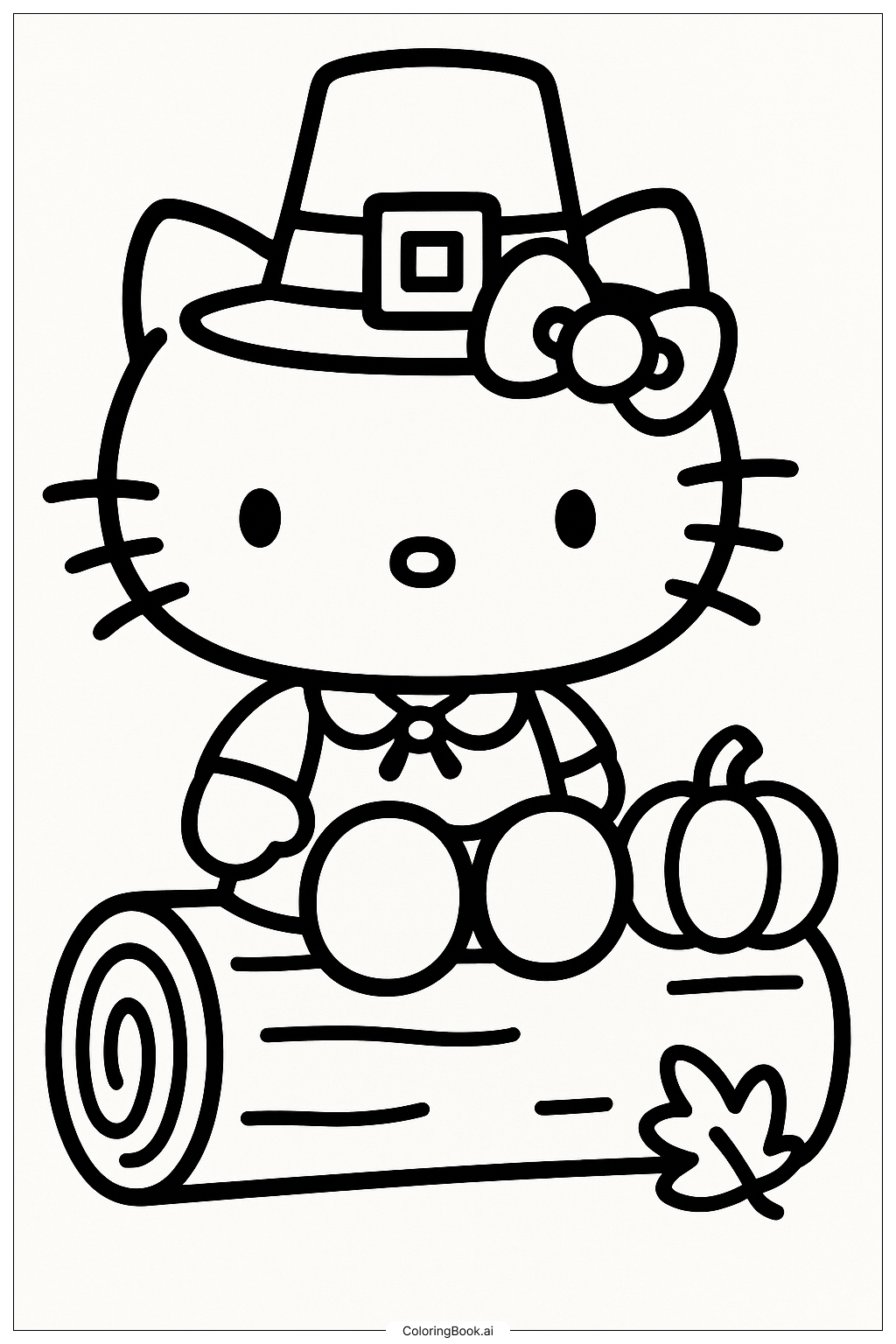  Hello Kitty sitzt an Erntedank auf einem Baumstamm Ausmalseite 