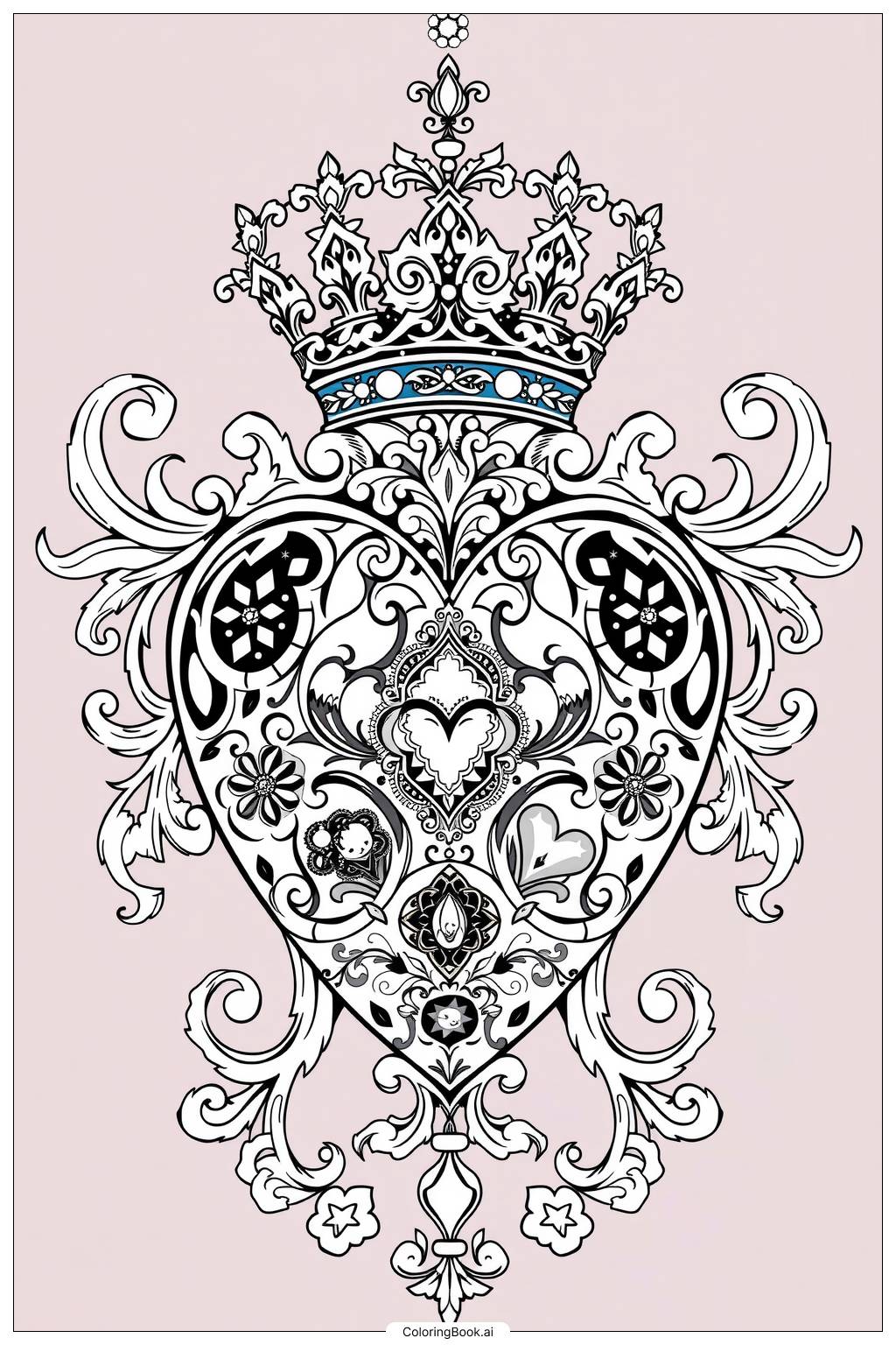  Fancy Heart With Kingdom Crown Coloring Page 