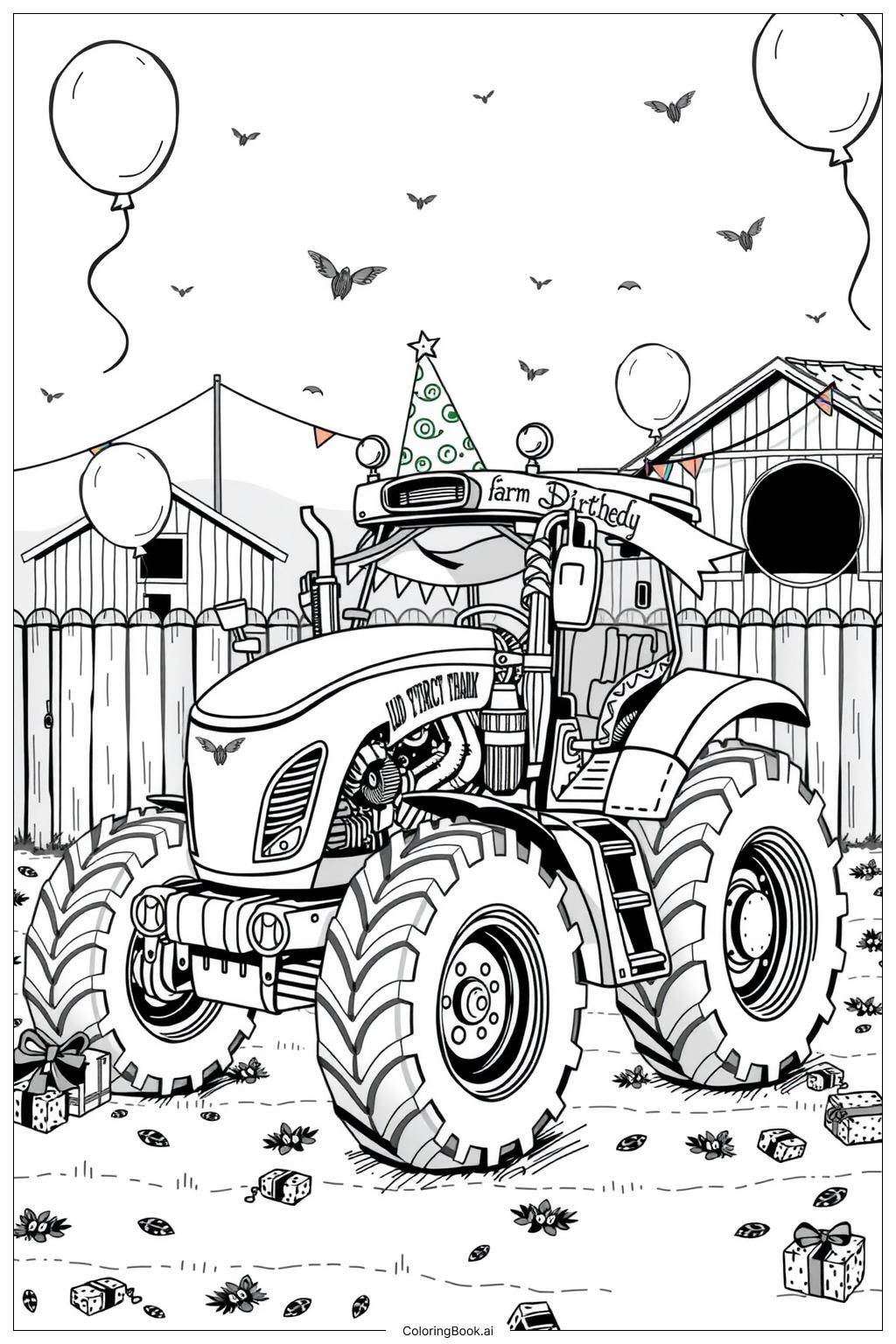  Page de coloriage Joyeux Anniversaire Fête de Tracteur 