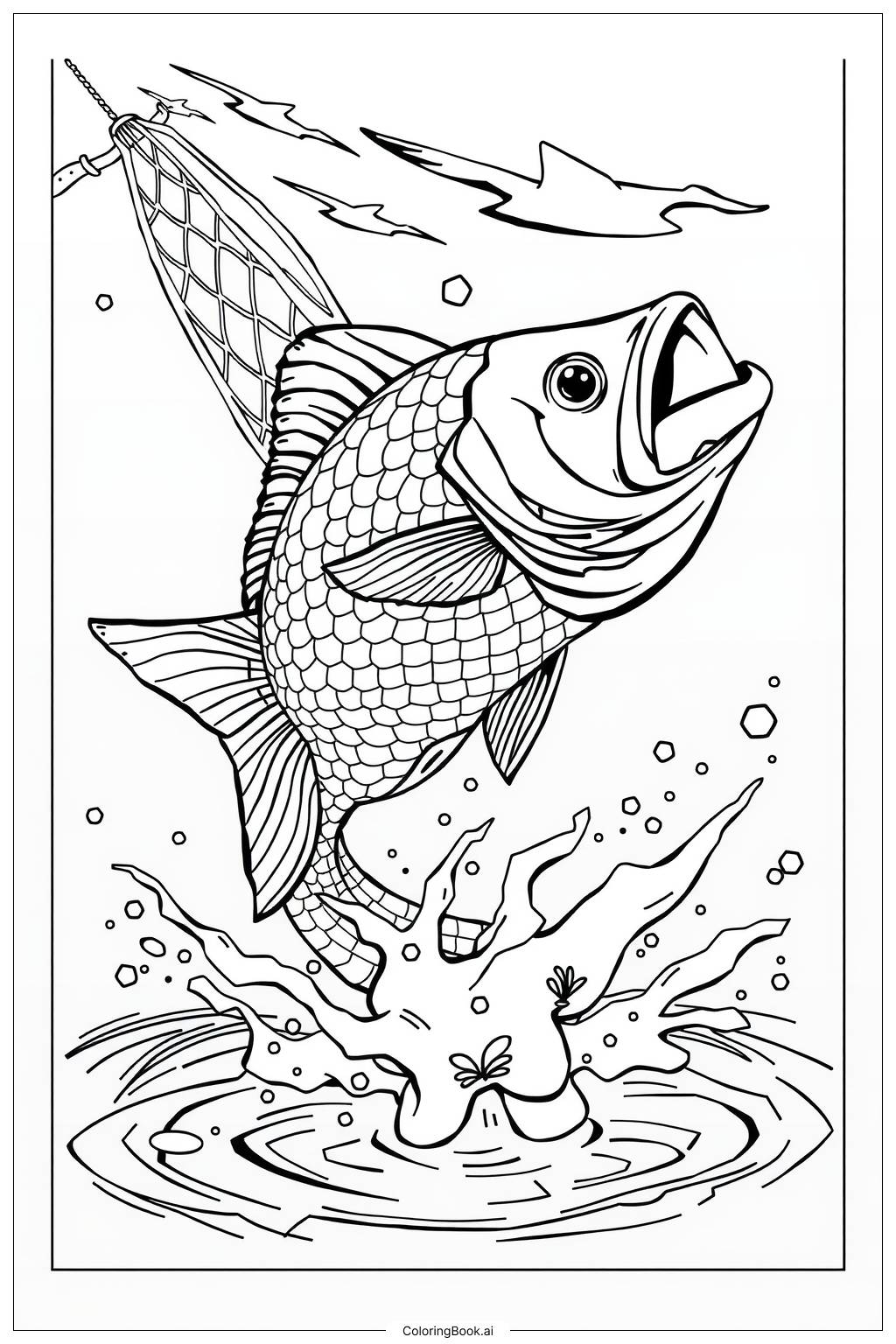  Page de coloriage Poisson Glissant Échappant au Filet -2 