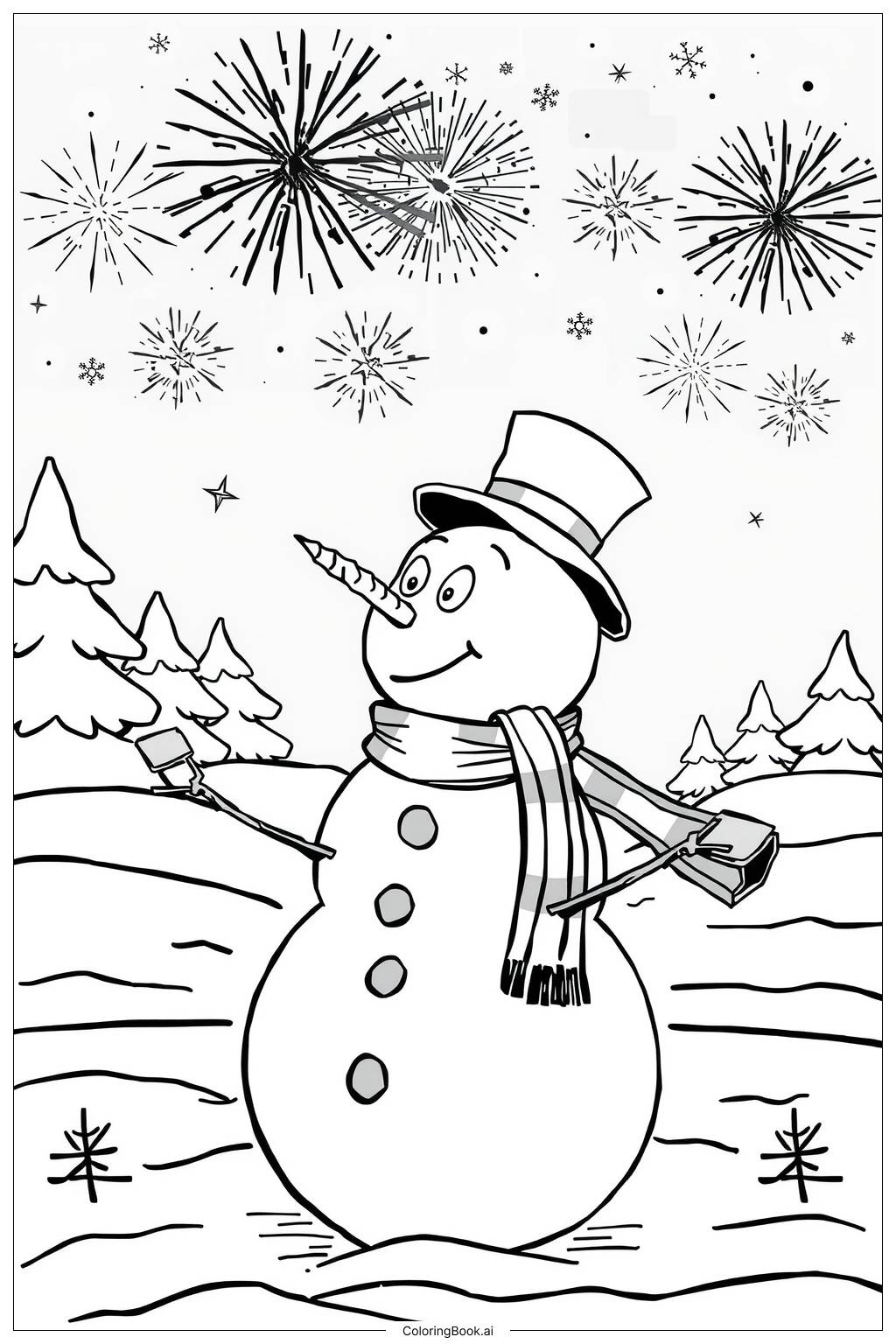  Fireworks Display Near a Snowman Coloring Page 