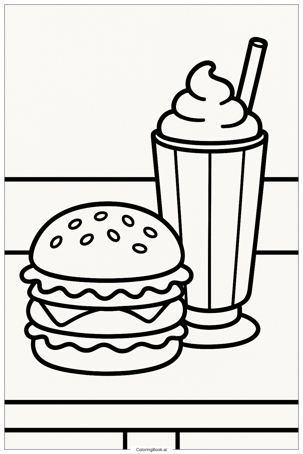  Page de coloriage Hamburger et un grand milkshake 