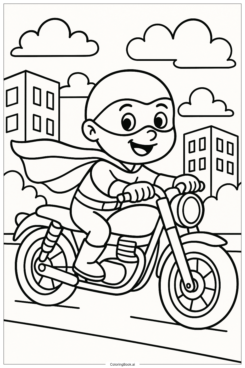 Superheld fährt ein cooles Motorrad Ausmalseite