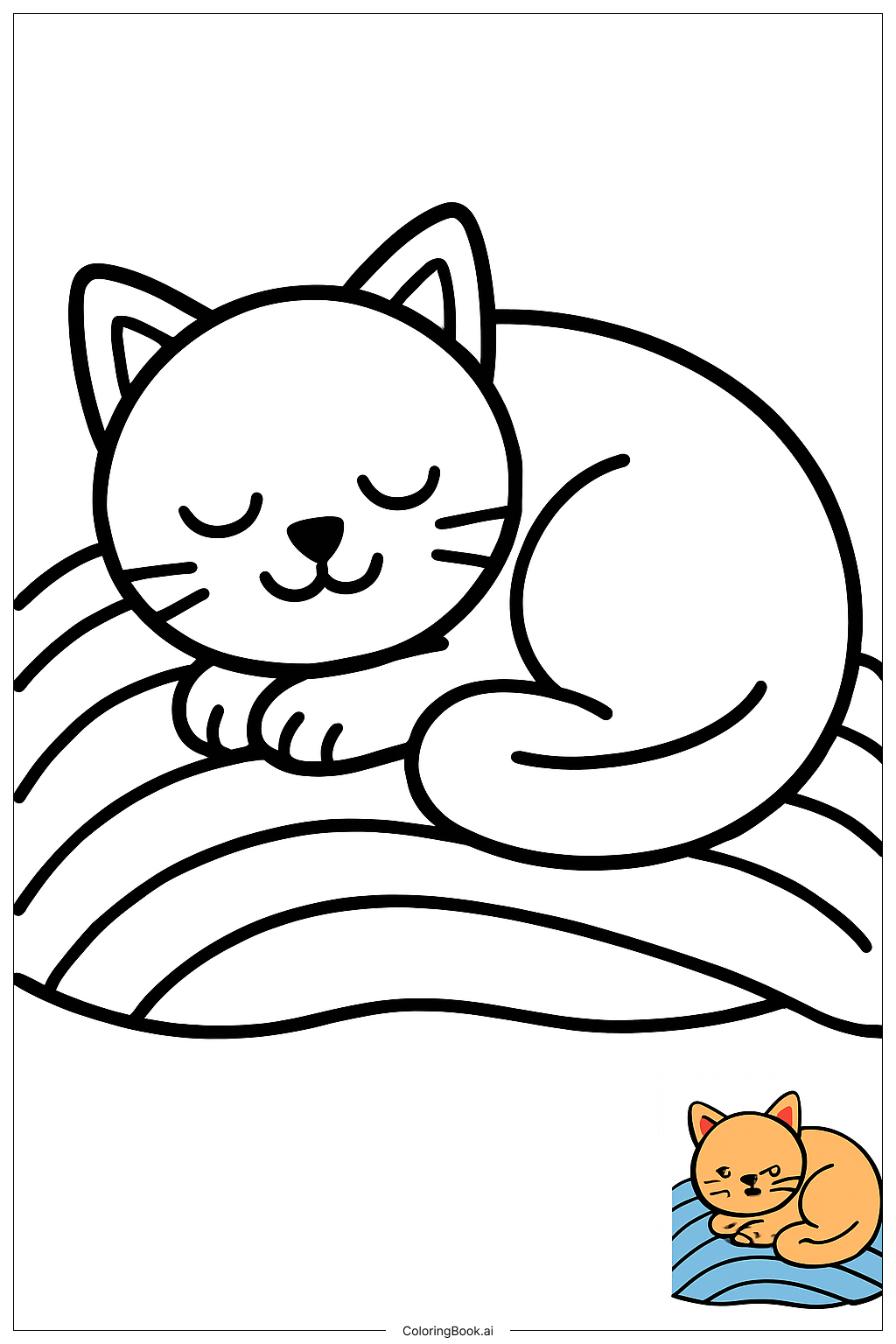  담요에 말려든 잠자는 고양이 색칠공부 페이지 