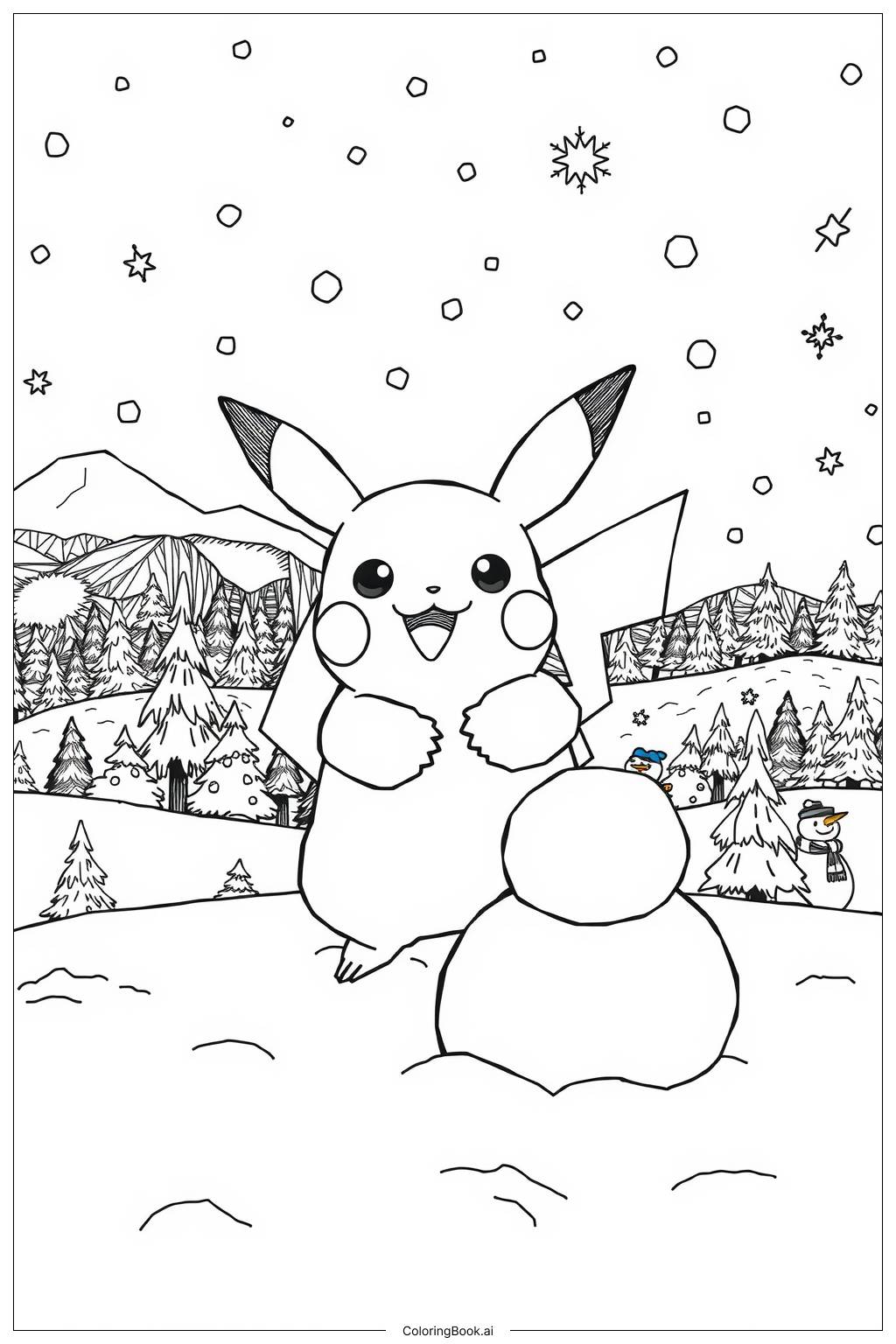  Pikachu Playing in the Snow Coloring Page 