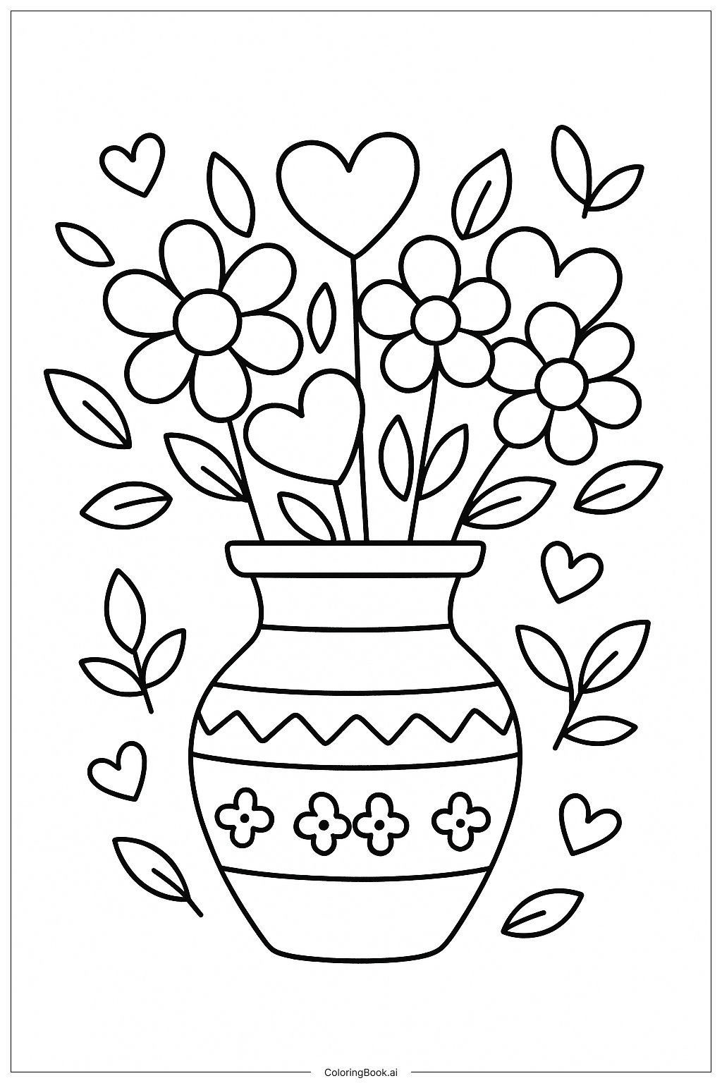  A Vase Full Of Hearts and Flowers Coloring Page 