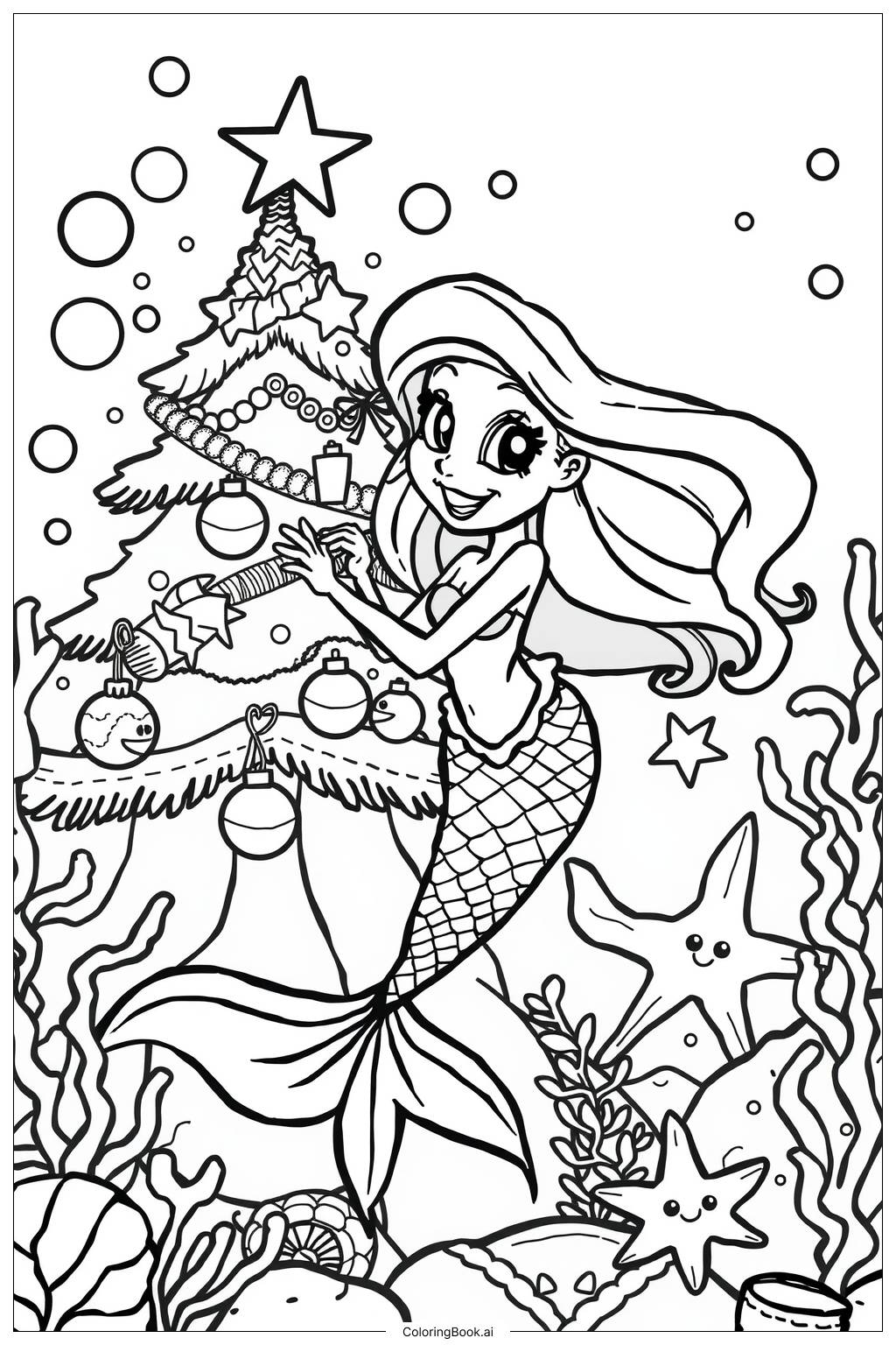  Página para colorear de Sirena Celebrando la Navidad 