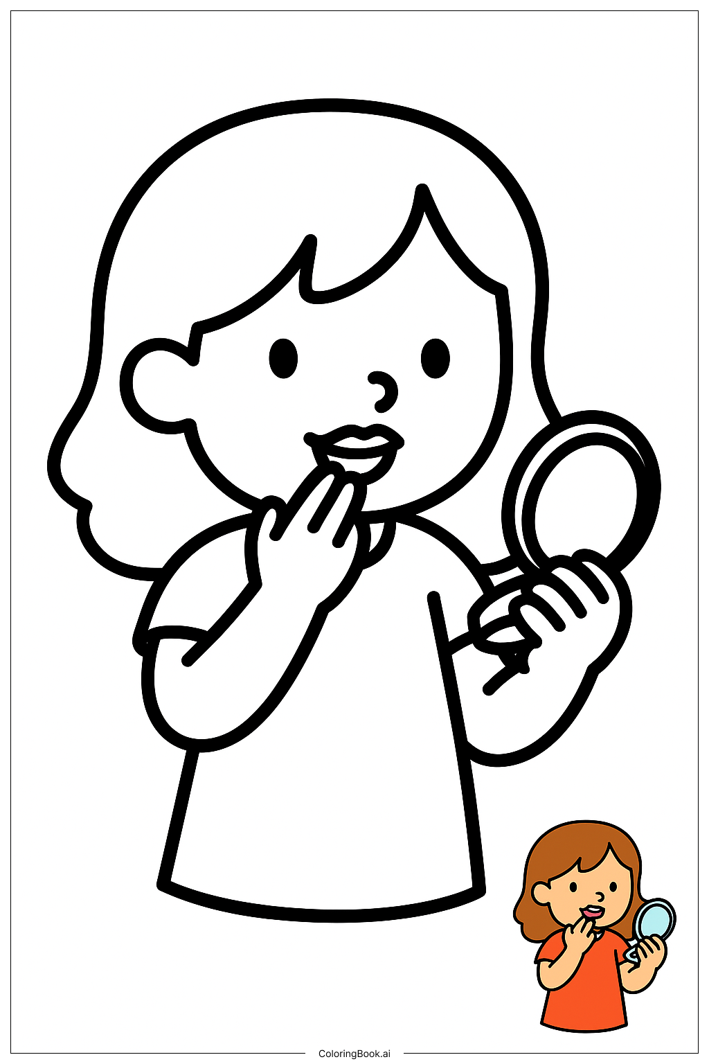  Página para colorear de Niña Sosteniendo un Espejo Compacto Comprobando el Color de Labios 