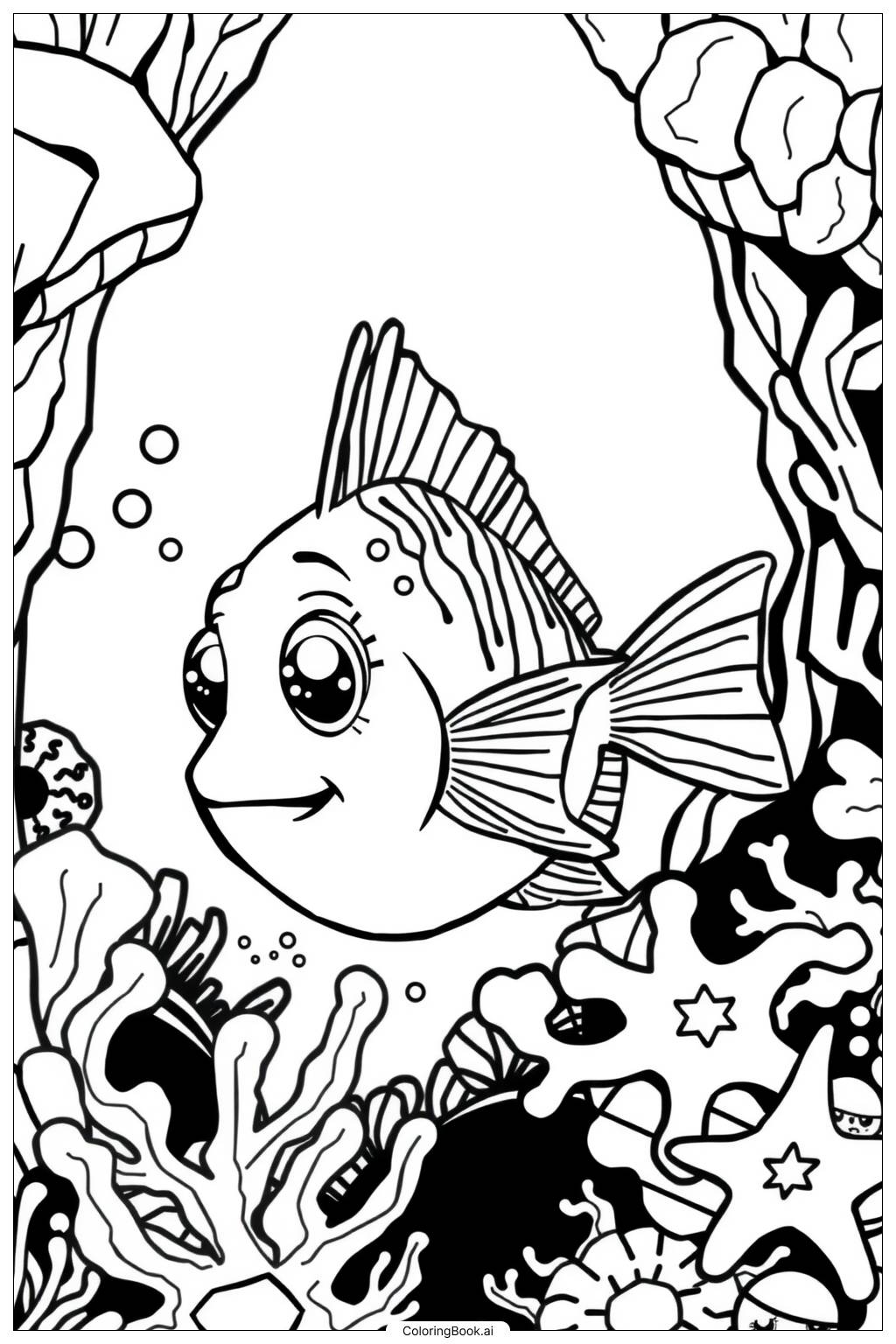  Cute Fish in a Colorful Coral Reef-2 Coloring Page 