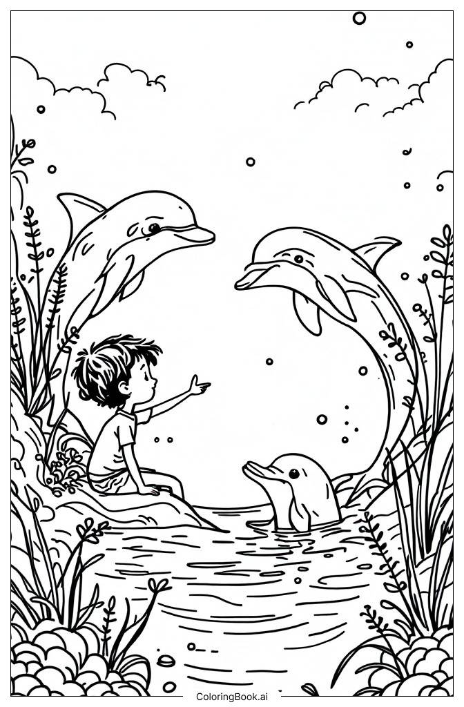  Page de coloriage Les enfants et les dauphins collaborant à un effort de conservation marine 