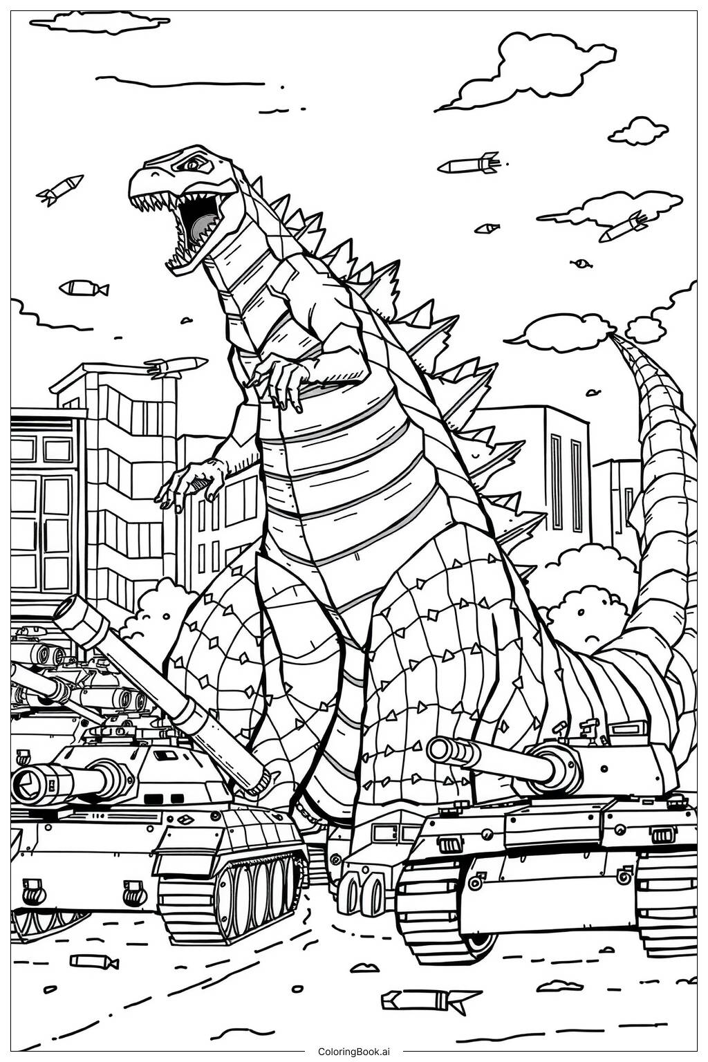  Página para colorear de godzilla vs tanques militares 