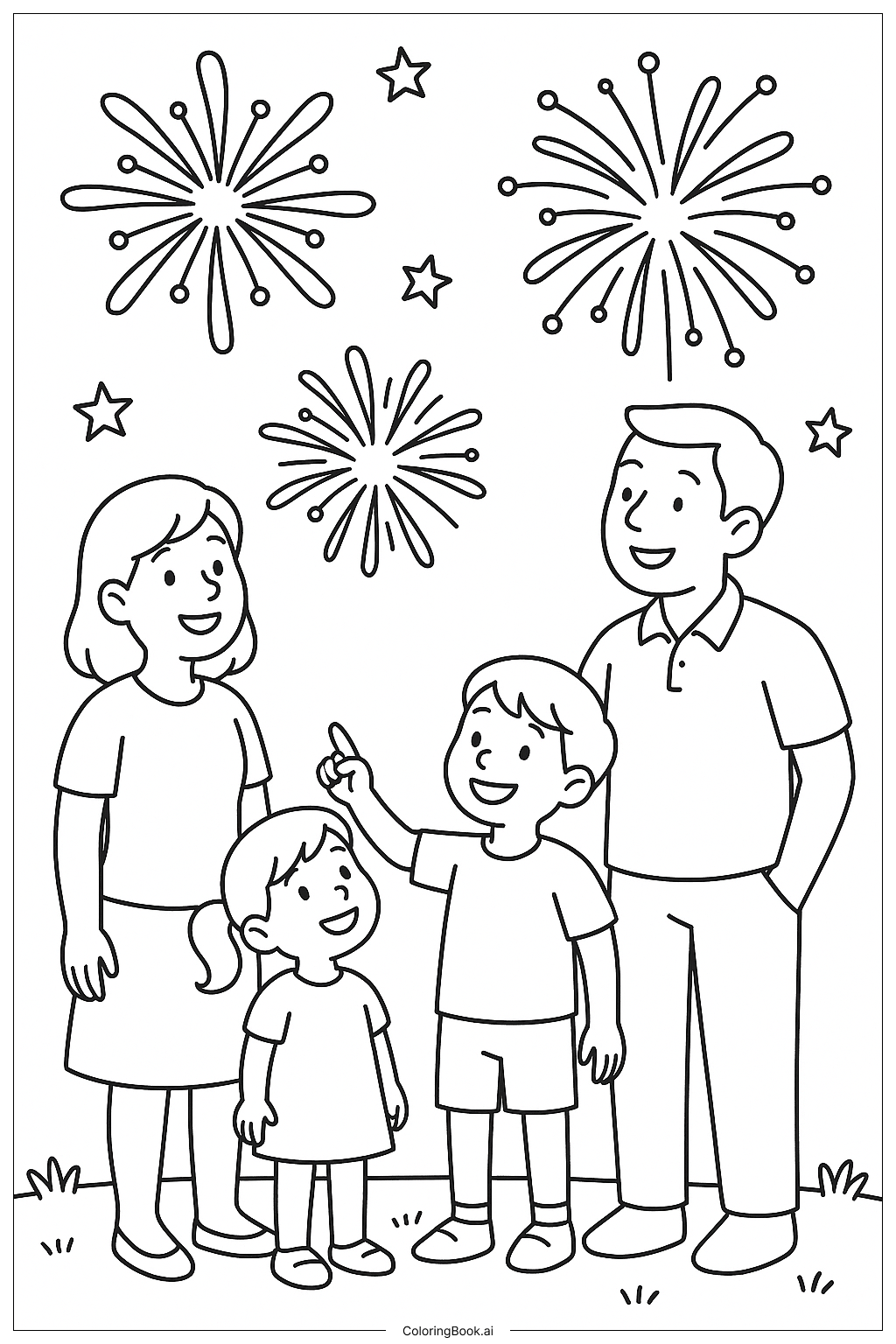 Family Watching Fireworks Coloring Page