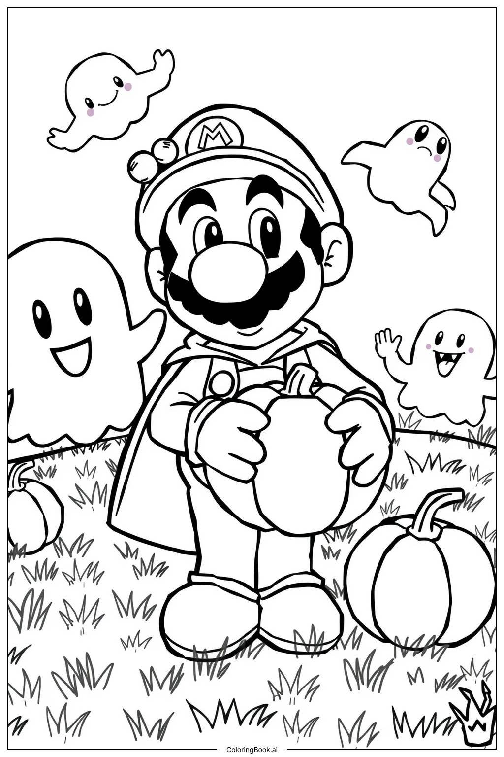  Page de coloriage Mario dans une scène d'Halloween avec des fantômes et des citrouilles 