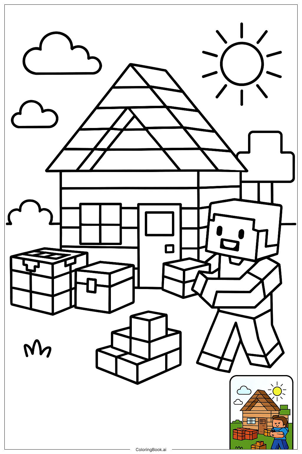 Trang tô màu Steve Xây Nhà Gỗ Minecraft