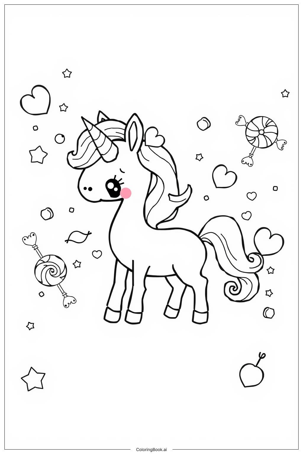  Page de coloriage Rêves de licorne, de cœurs et de bonbons 