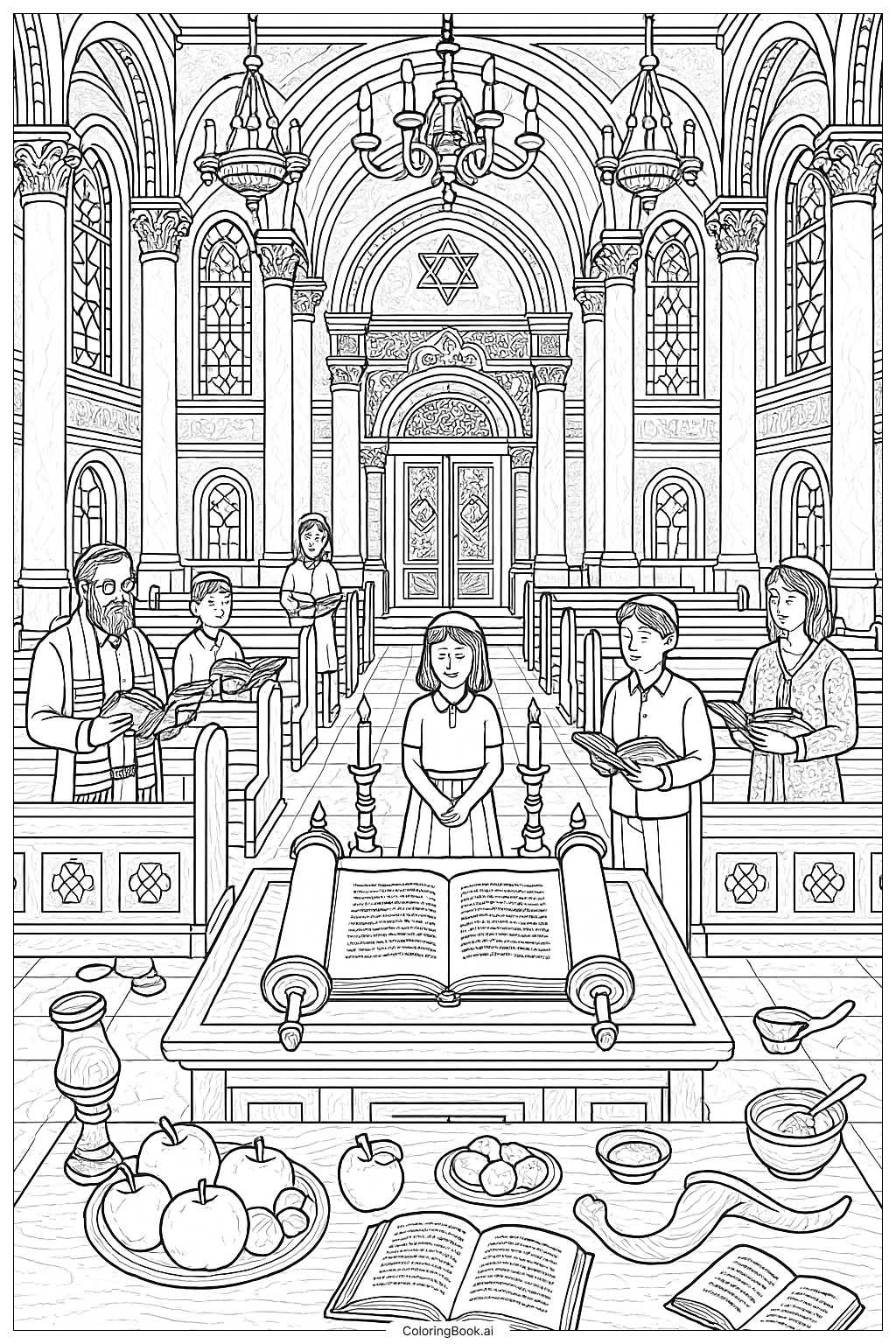  A Detailed Rosh Hashanah Synagogue Interior著色頁 