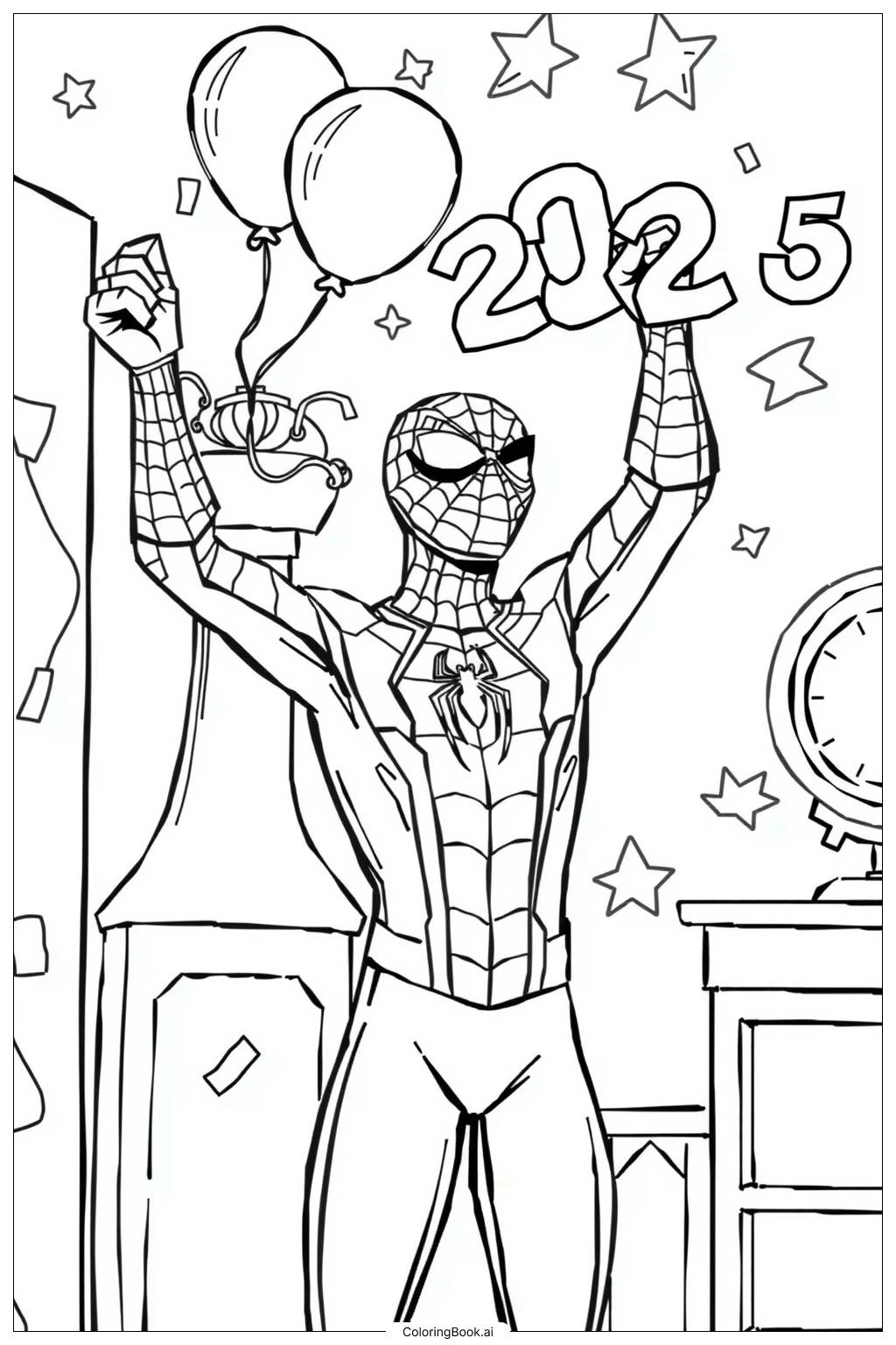  Página para colorir de Homem-Aranha decorando para um feliz Ano Novo 2025 