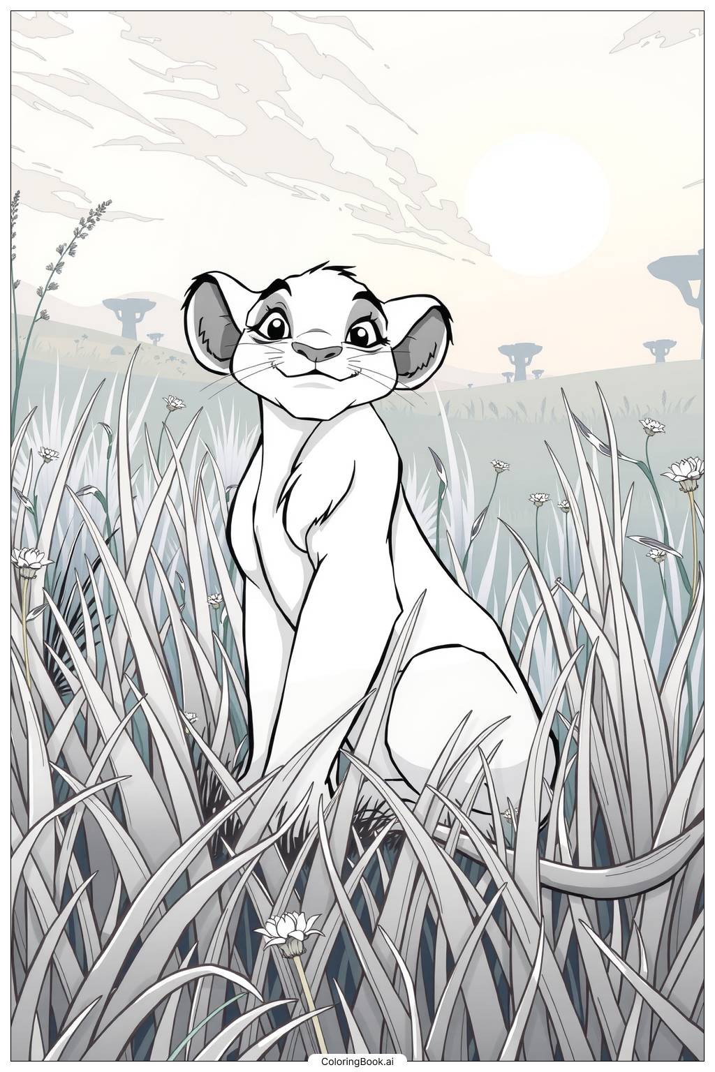  Page de coloriage le roi lion Nala souriante dans l'herbe 