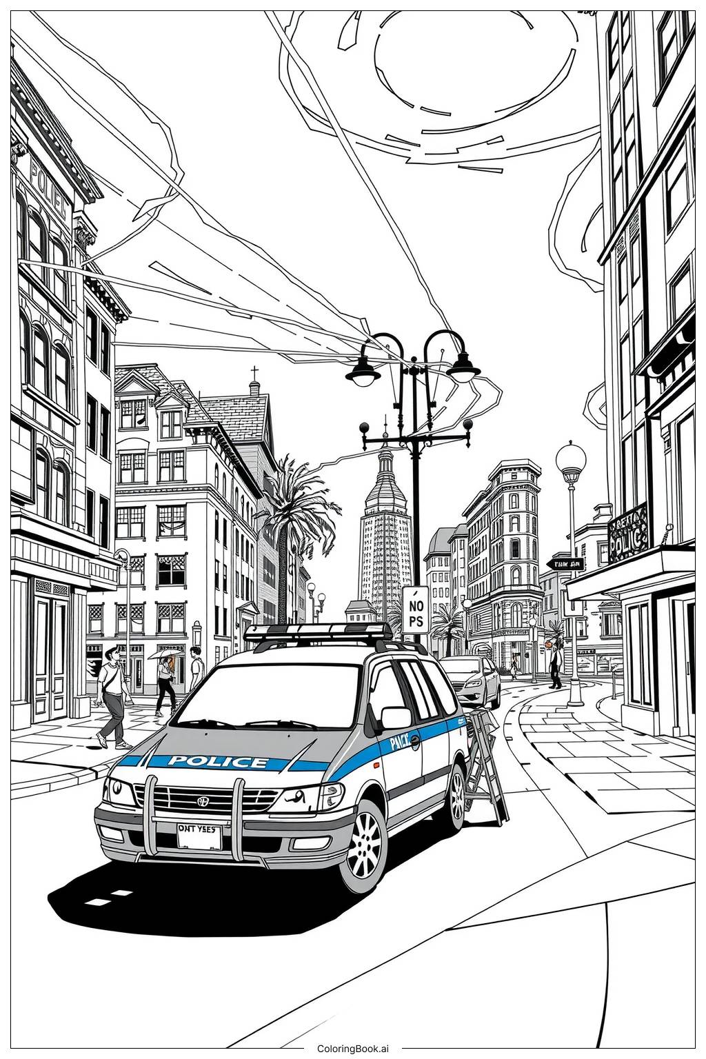  Police Car Lights Flashing at Night Coloring Page 