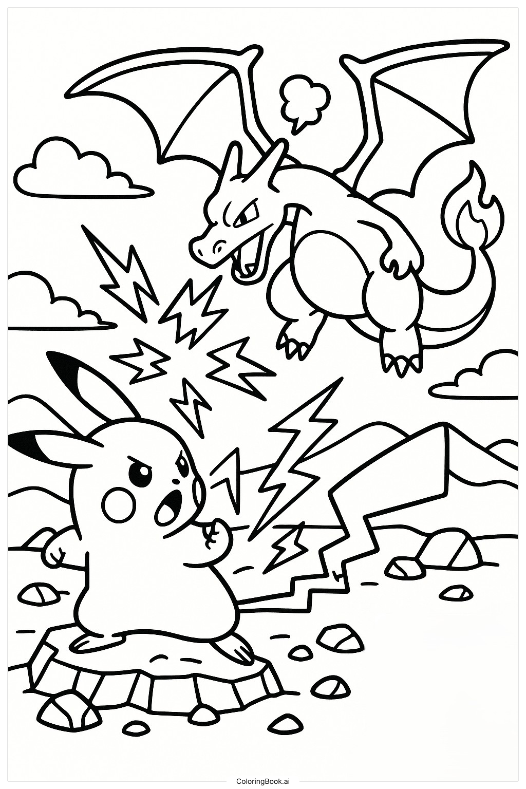  ピカチュウがリザードンと戦うシーンの塗り絵ページ 
