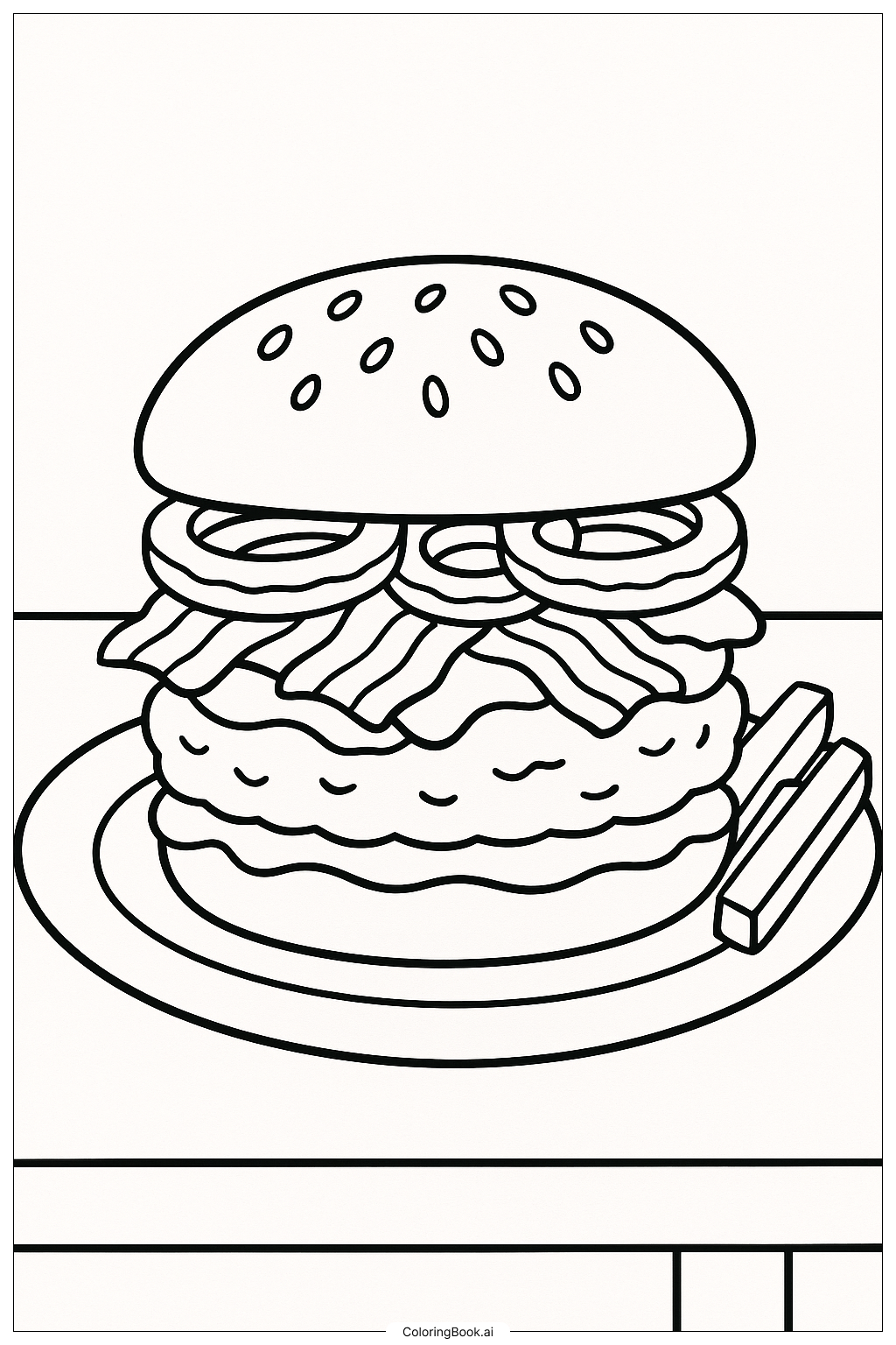  Page de coloriage Hamburger avec bacon et rondelles d'oignon 