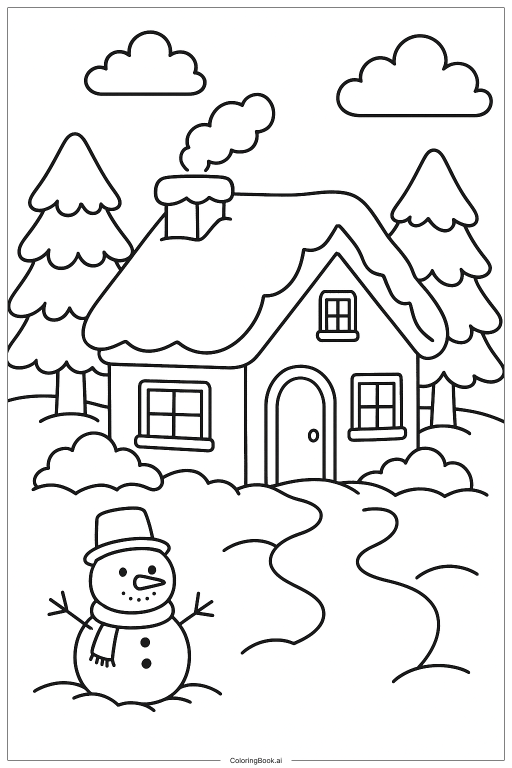 A House in Winter with Snow Coloring Page