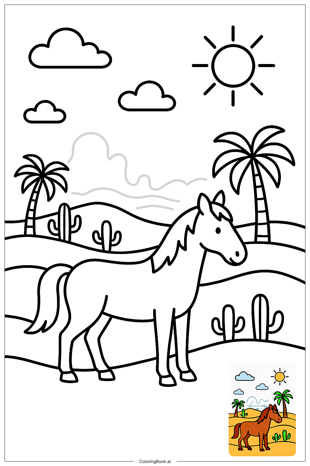  砂漠の蜃気楼に立つ馬の塗り絵ページ 
