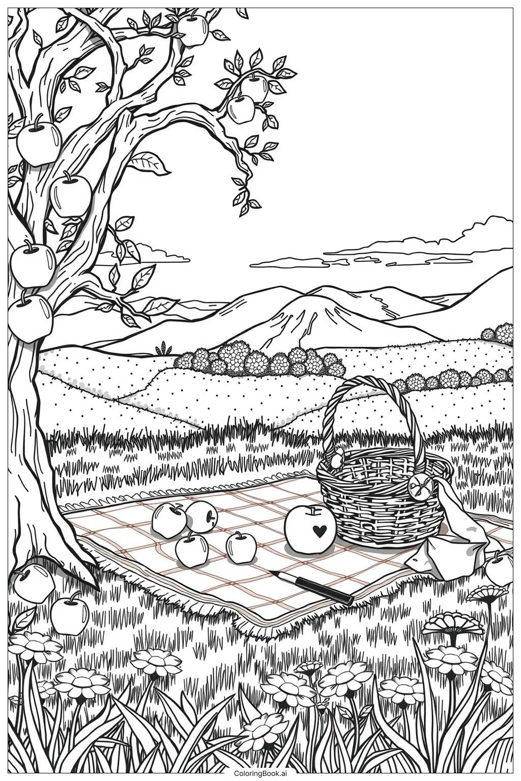  Apple-themed Picnic Under a Tree Coloring Page 