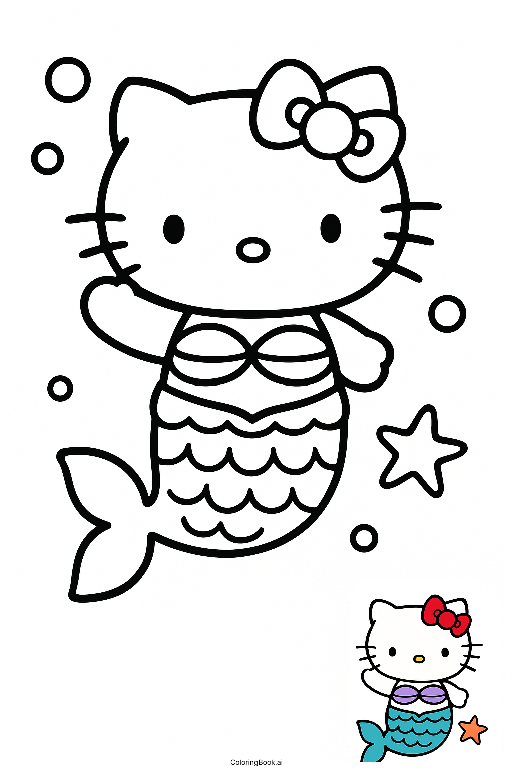  Hello Kitty美人鱼挥手你好填色页 