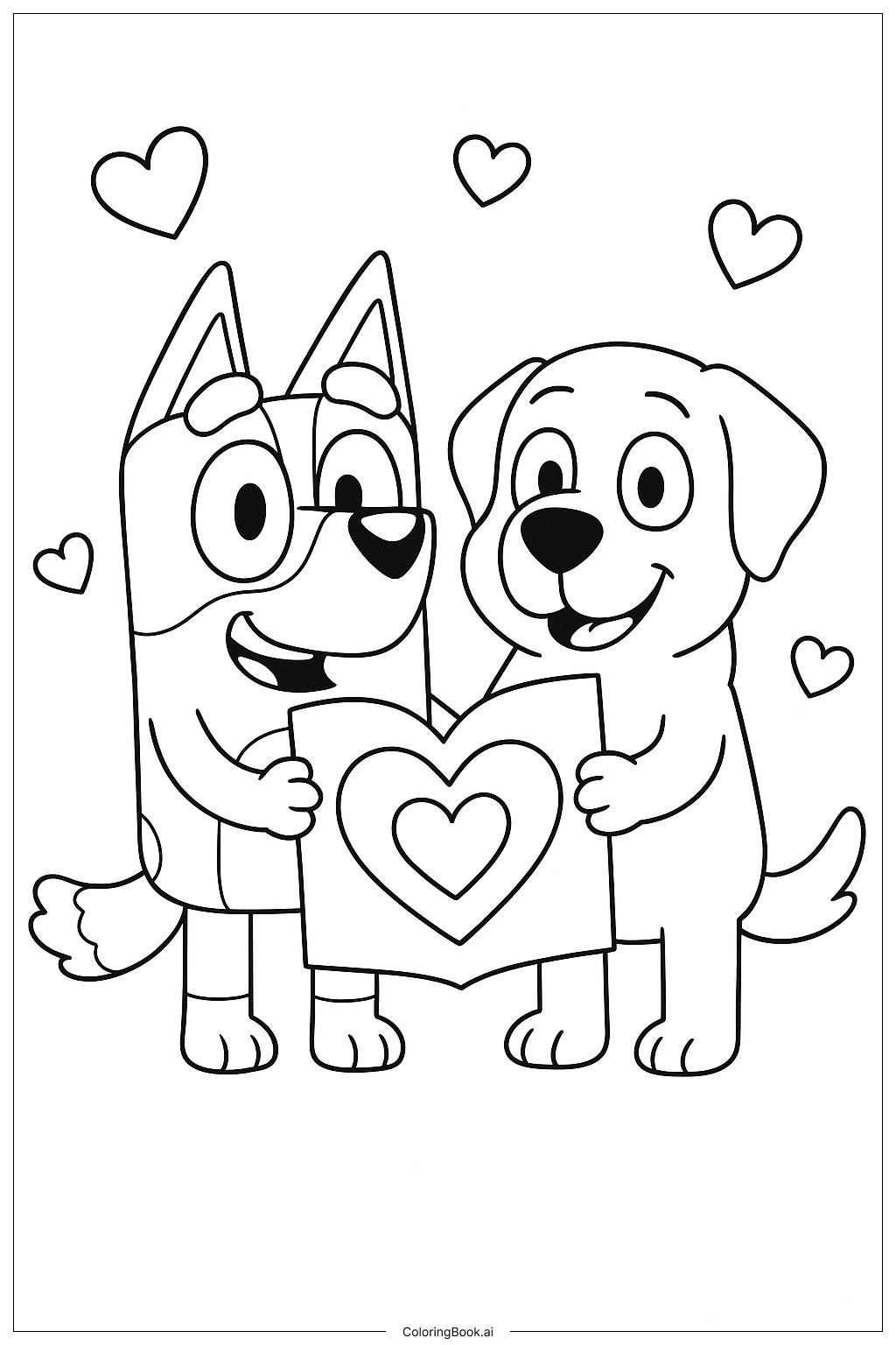  Página para colorear de Bluey y Jean-Luc compartiendo un San Valentín 
