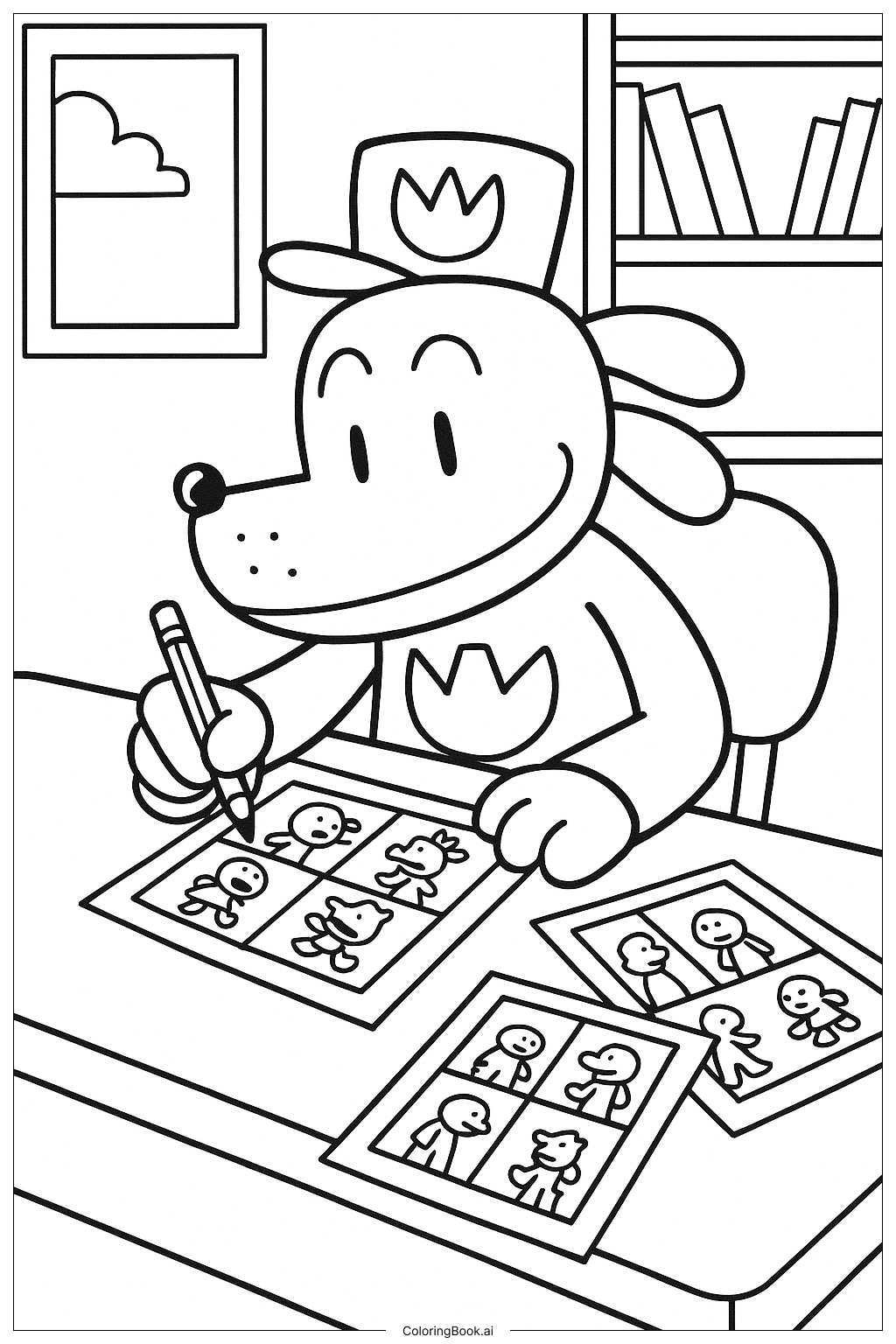 Dog Man Writing A Comic Coloring Page