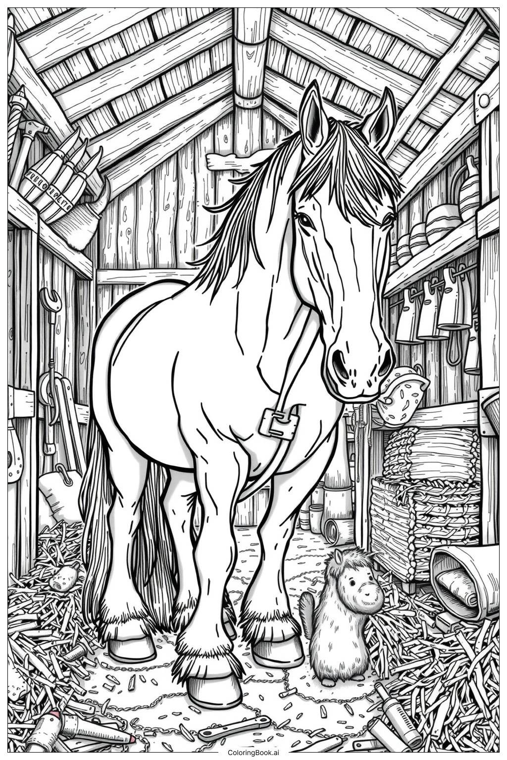  Page de coloriage Cheval galopant à travers la forêt 