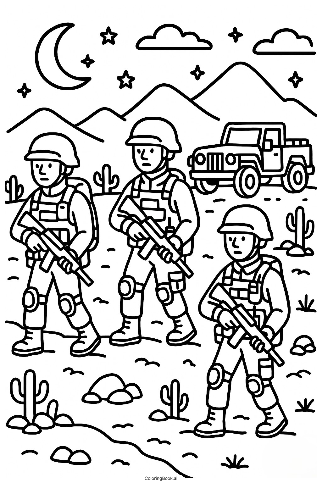  Page de coloriage Patrouille de nuit de l'équipe militaire 