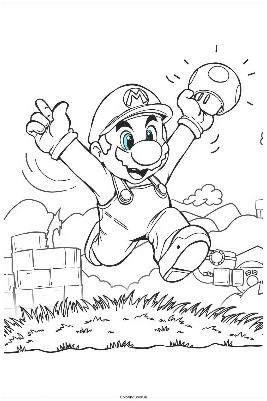  Page de coloriage Mario sautant avec un champignon 