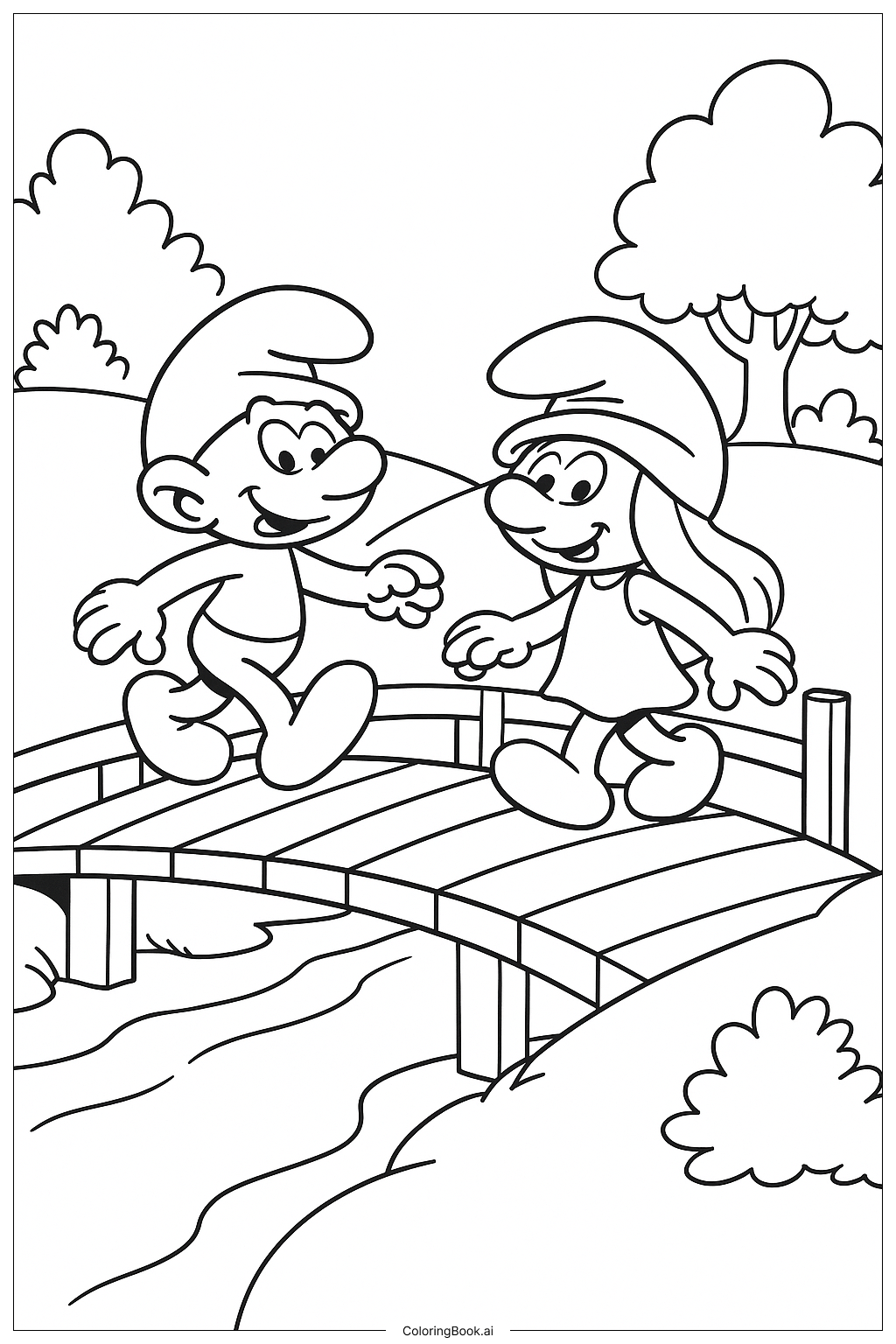  Two Smurfs Crossing A Wooden Bridge Coloring Page 