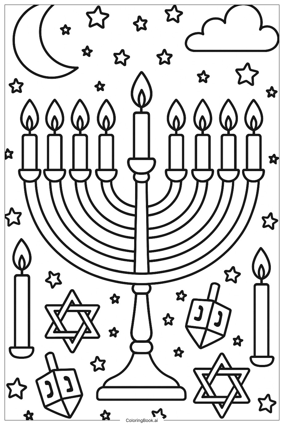  Hanukkah Starry Night Background Coloring Page 