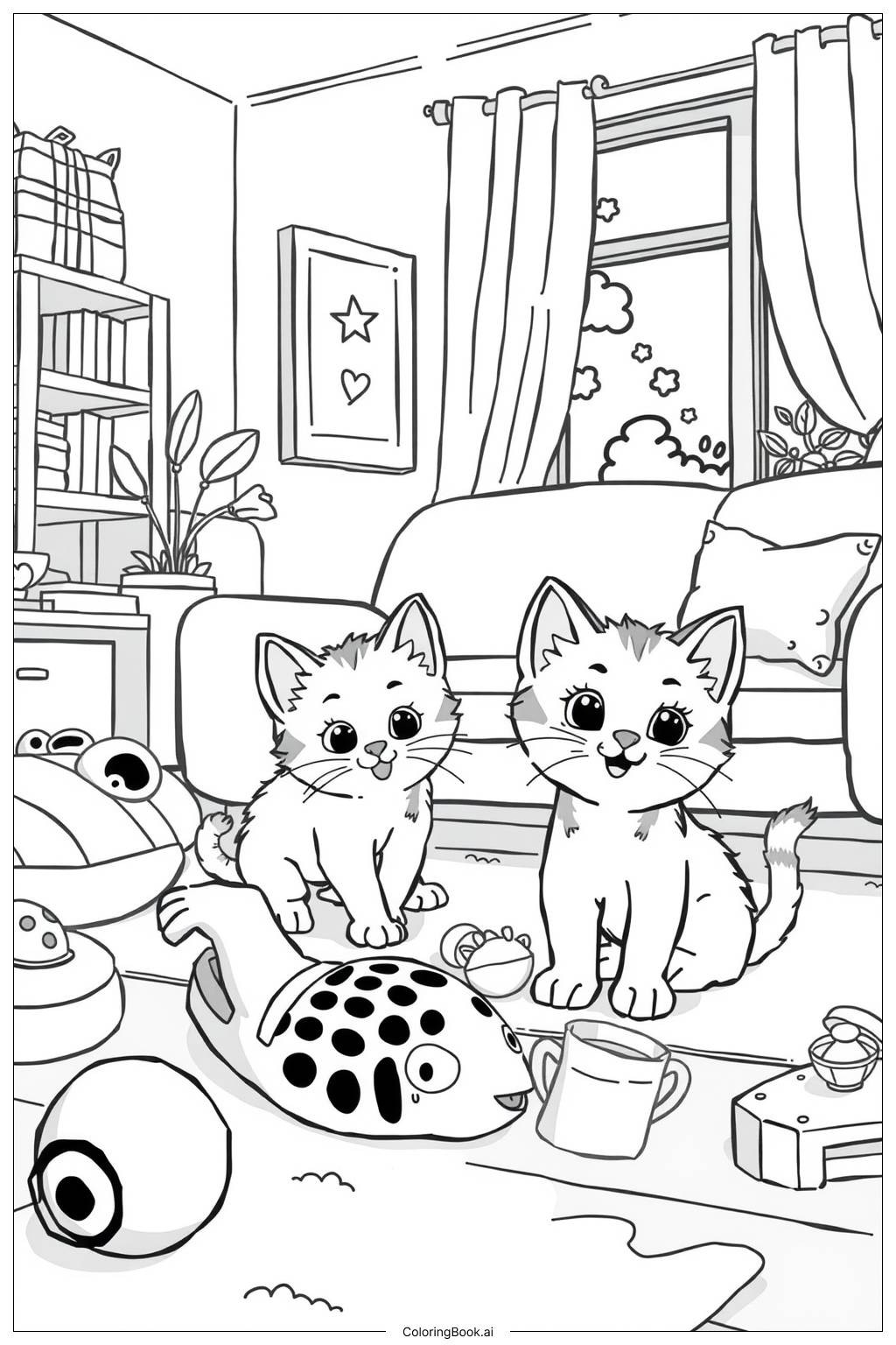  Kittens exploring a cozy home Coloring Page 