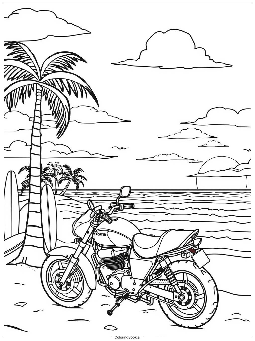  Página para colorear de Atardecer en la Playa con Motocicleta 