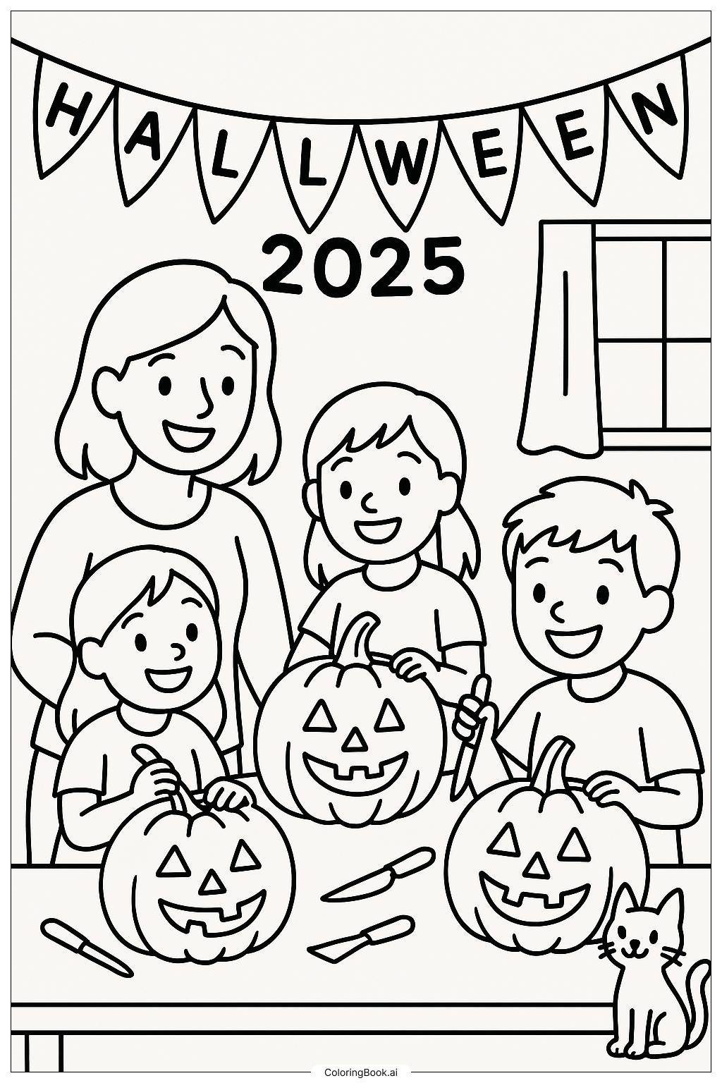  Eine Familie schnitzt Kürbisse für Halloween 2025 Ausmalseite 