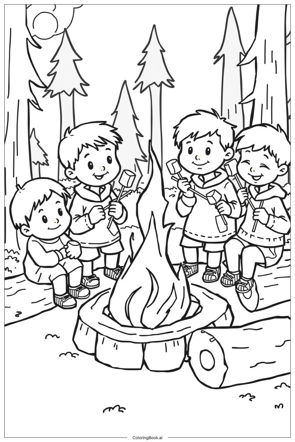  Página para colorear de Niños haciendo s'mores junto a la fogata 