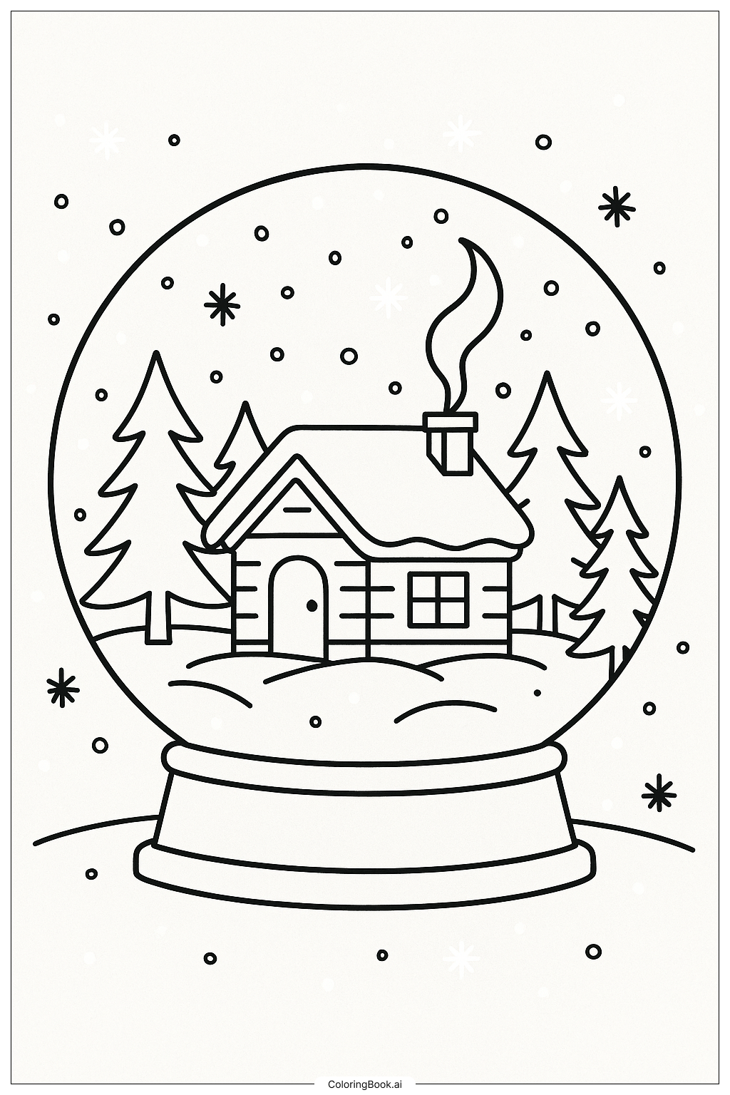 居心地の良い小屋のスノードームの塗り絵ページ